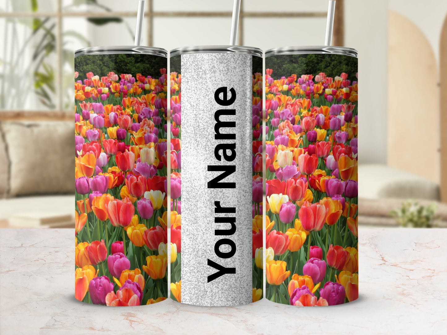 Personalized Floral Tulip Print Custom Name Tumbler