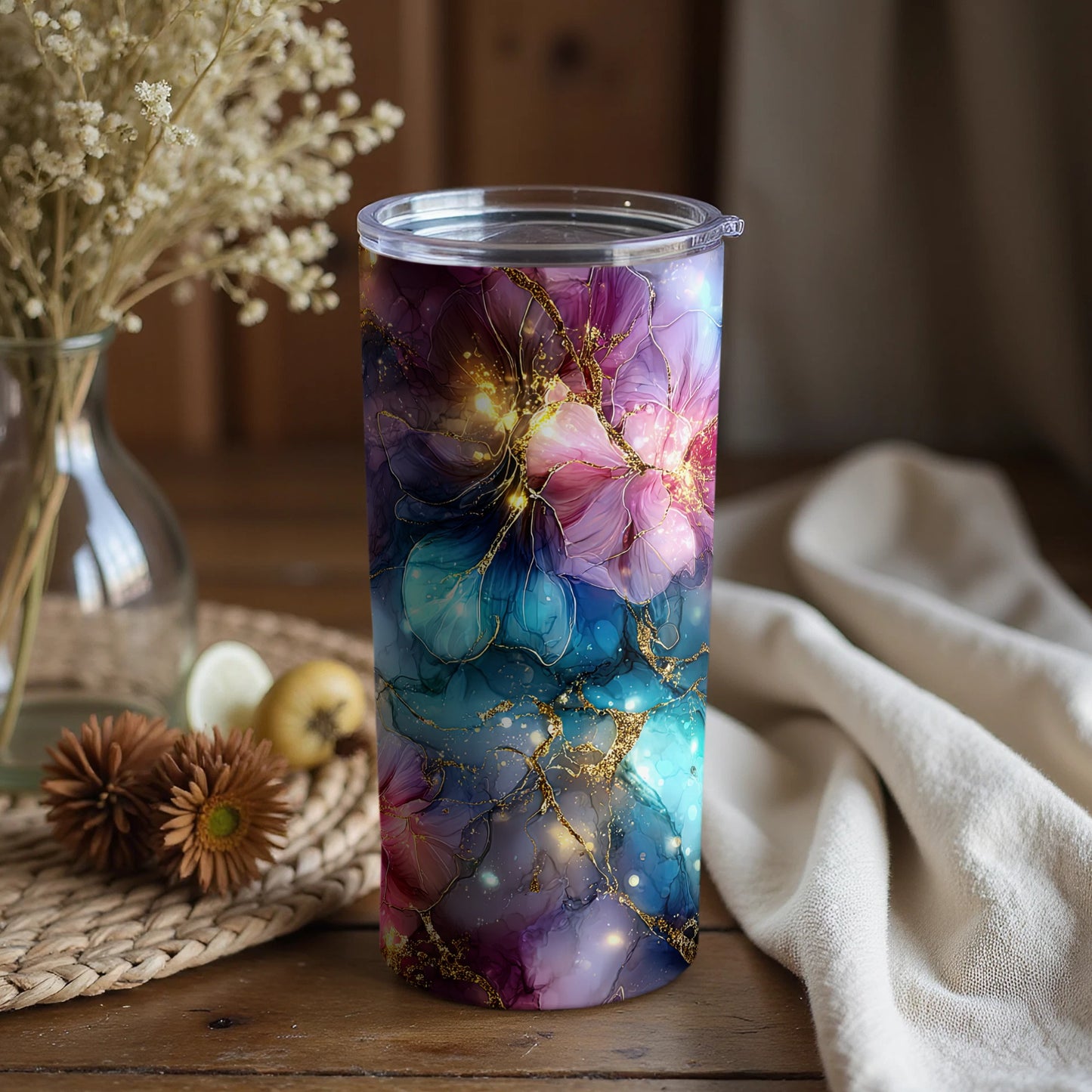 Colorful Floral Patterned Tumbler with Lid