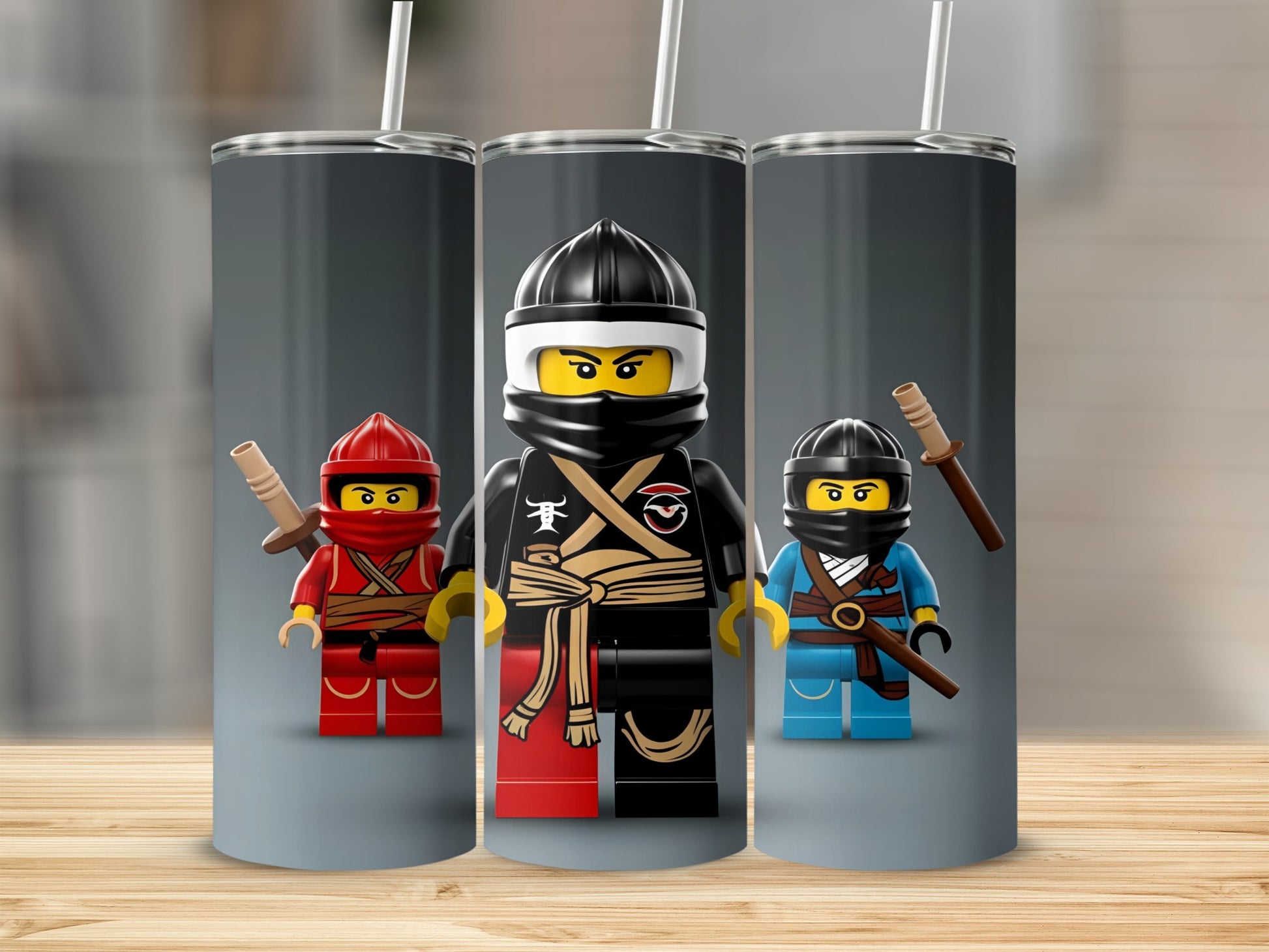 Three LEGO Ninjago characters with weapons on a tumbler wrap design.
