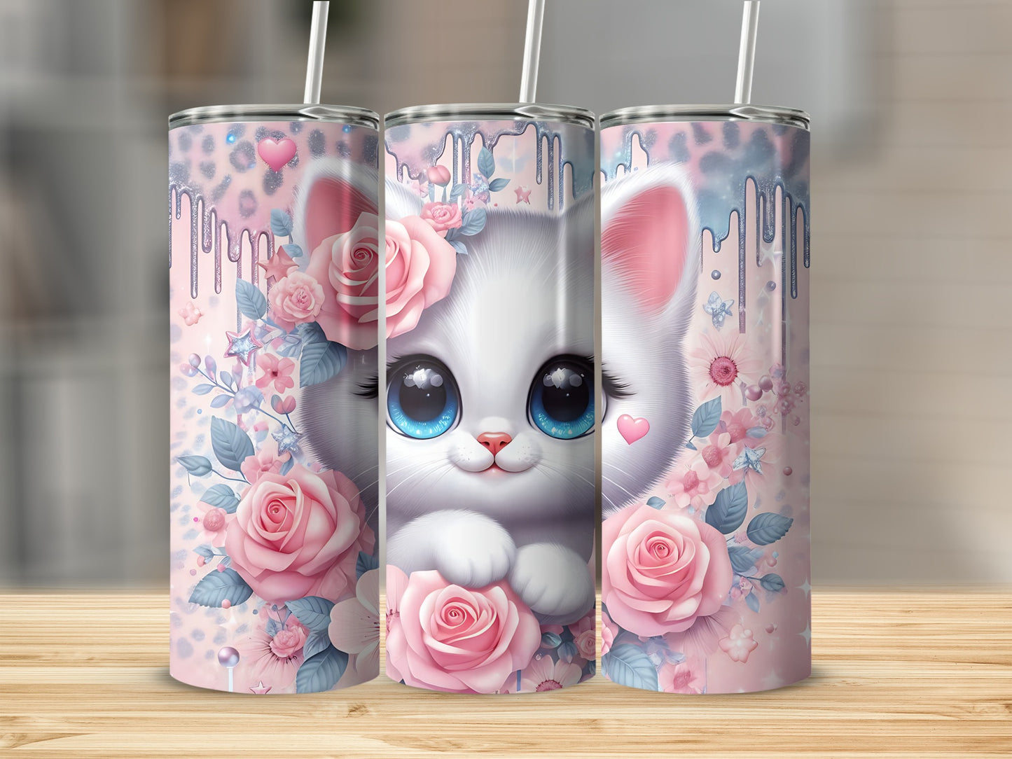 Cute white kitten with blue eyes surrounded by pink roses and glitter.