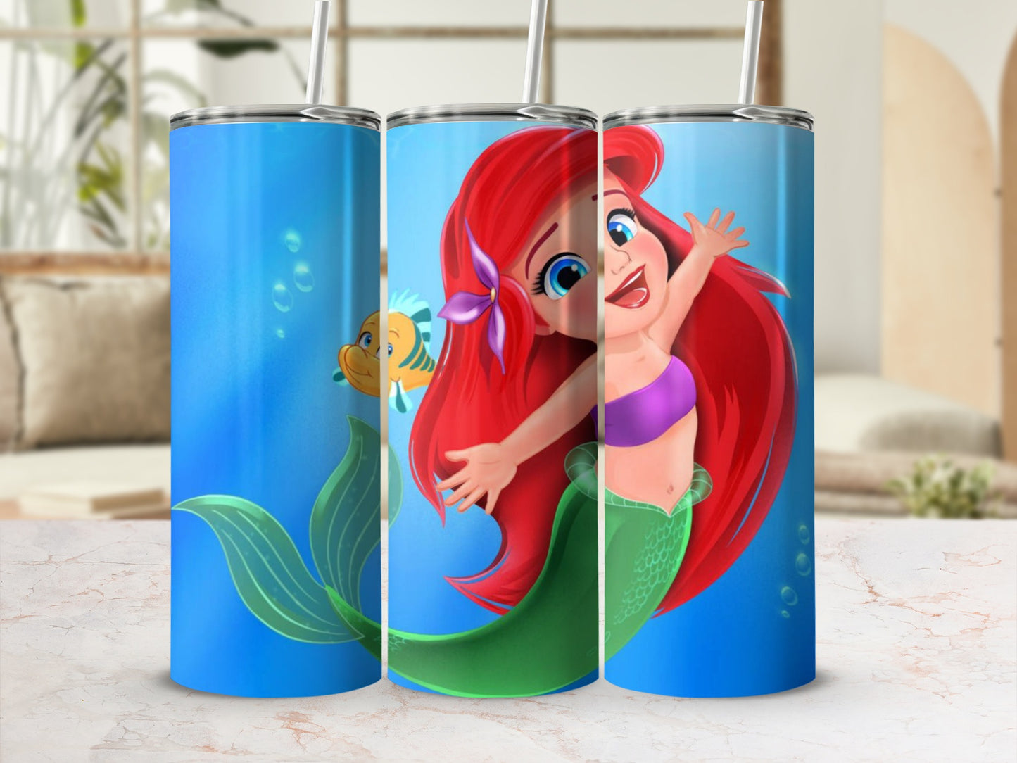 Little Mermaid and Fish Design Stainless Steel Tumbler