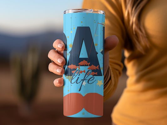 Lake Life Themed Travel Tumbler with Mustache Design