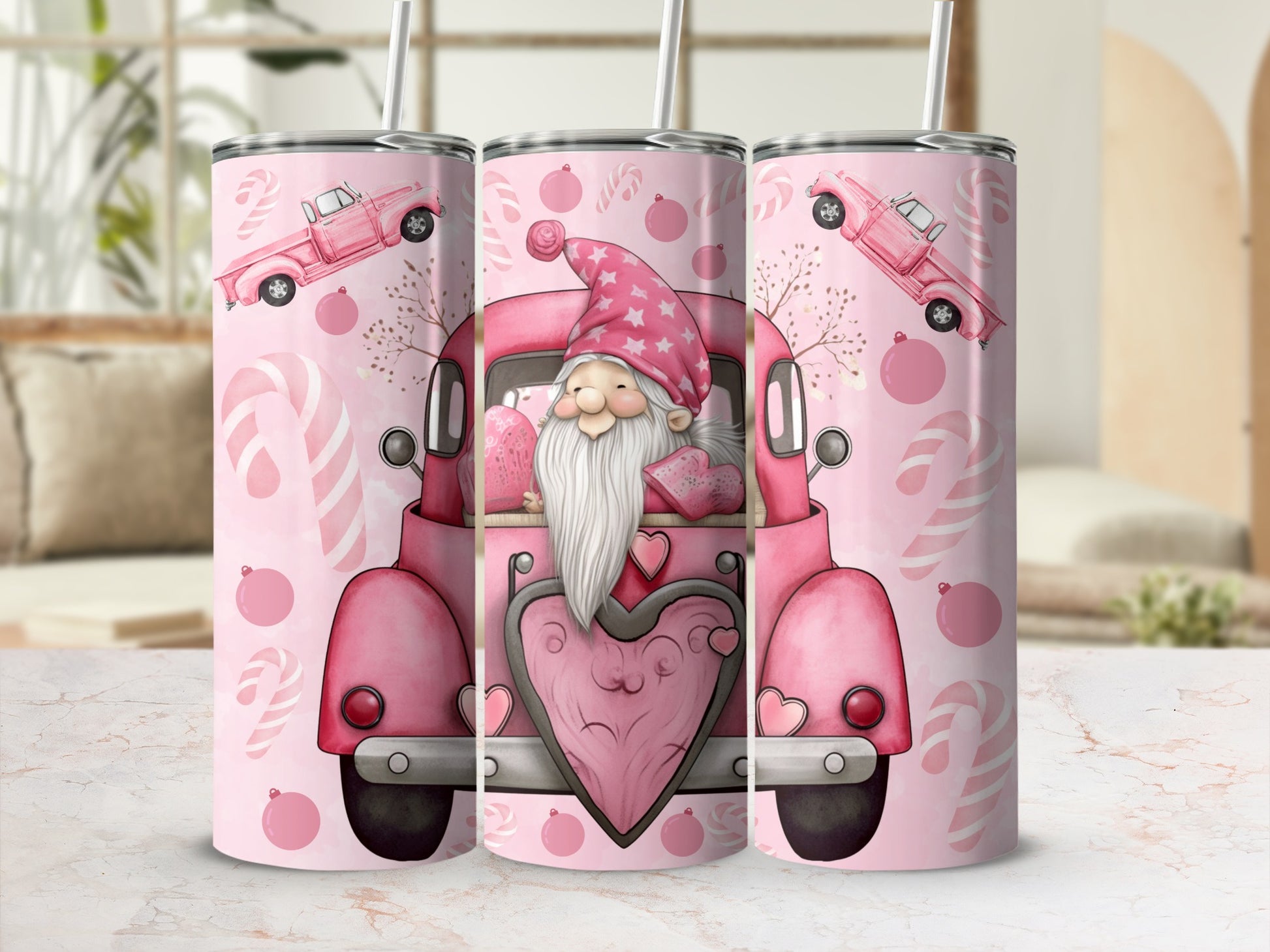 Cute Gnome and Pink Truck Tumbler Valentine Gift
