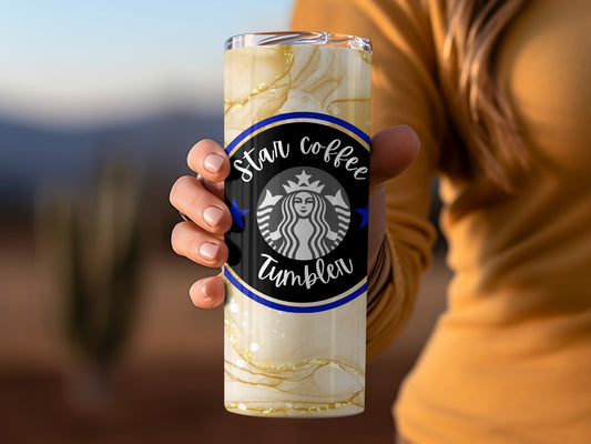 Star Coffee Tumbler with Black and Blue Logo Design
