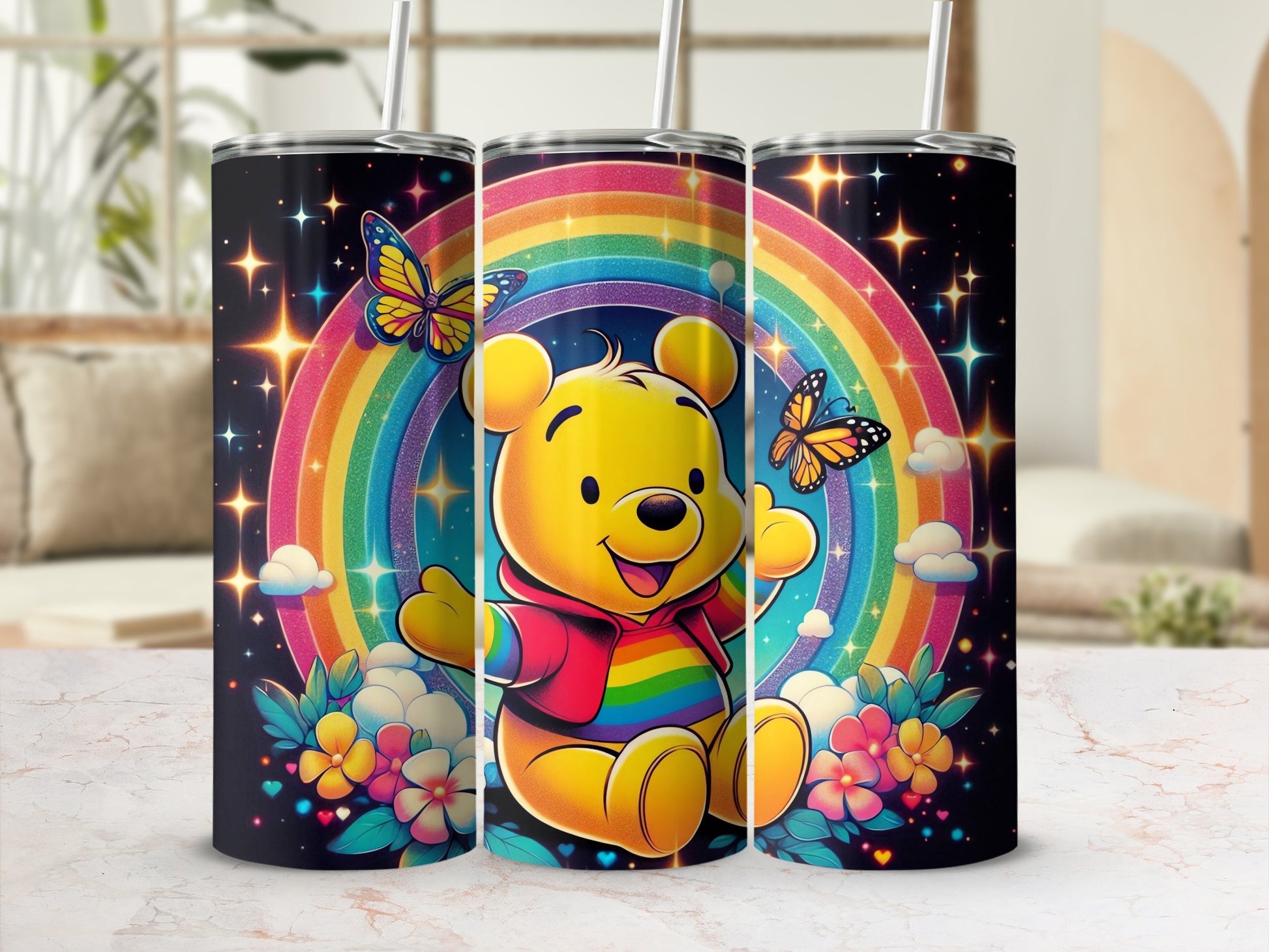 Cute Rainbow Bear and Butterfly Tumbler Cup