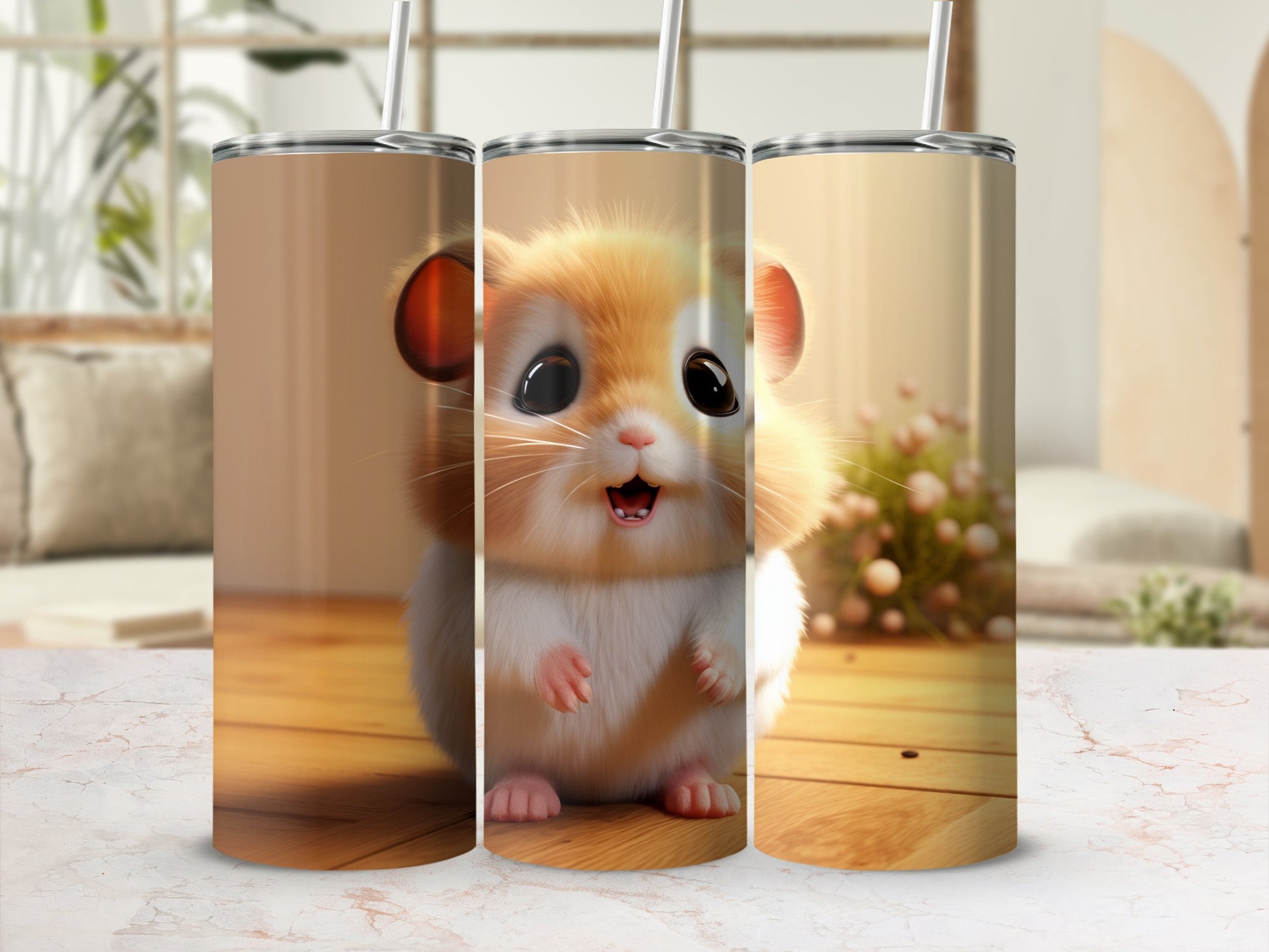 Cute Hamster Design Tumbler with Straw Flask