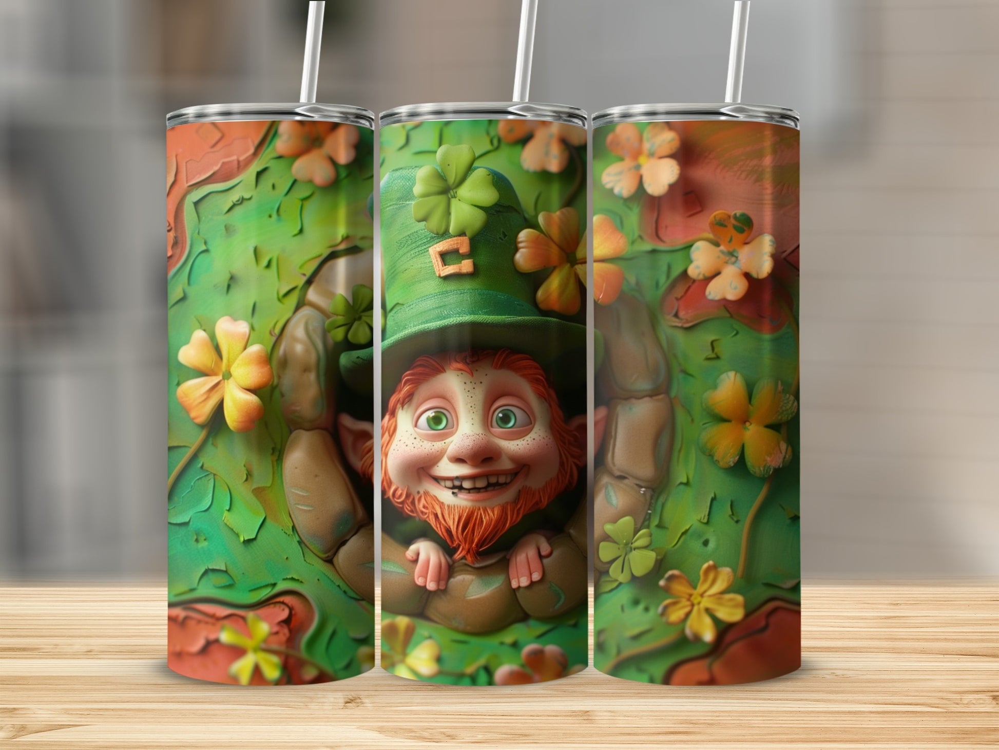 Leprechaun peeking from a hole adorned with shamrocks and four-leaf clovers.
