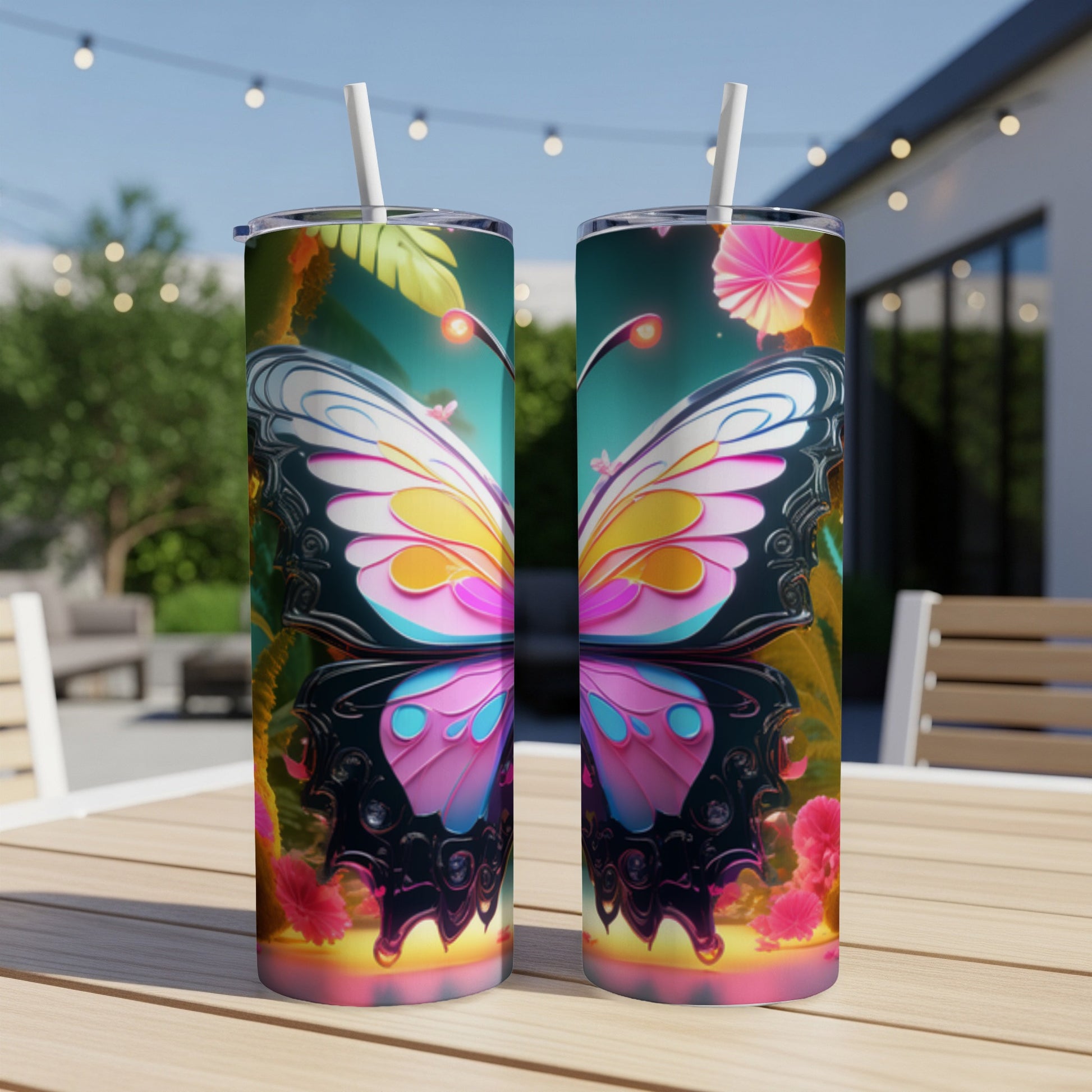 Two tumblers featuring a colorful butterfly design with floral accents.