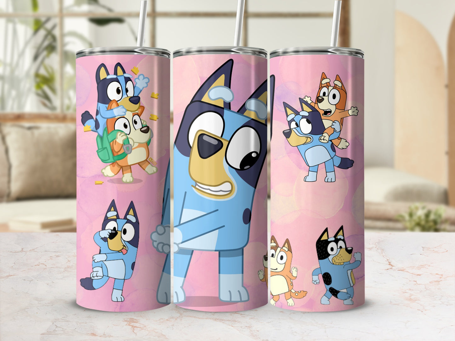 Blue and Pink Cartoon Characters Travel Tumbler