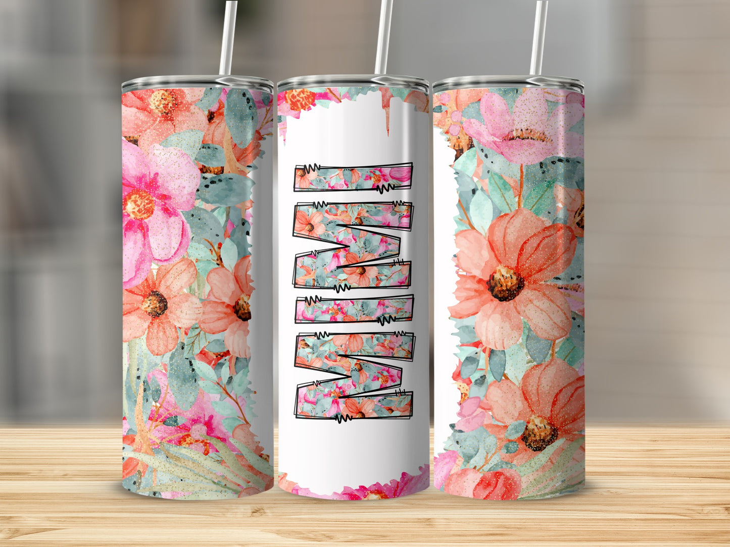 MIMI Watercolor Floral Sparkle Pink Orange Flower Tumbler product type