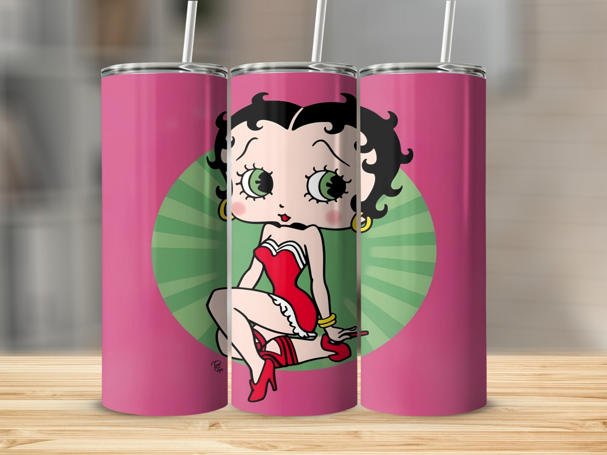 Betty Boop character in red dress on a pink background with green rays.