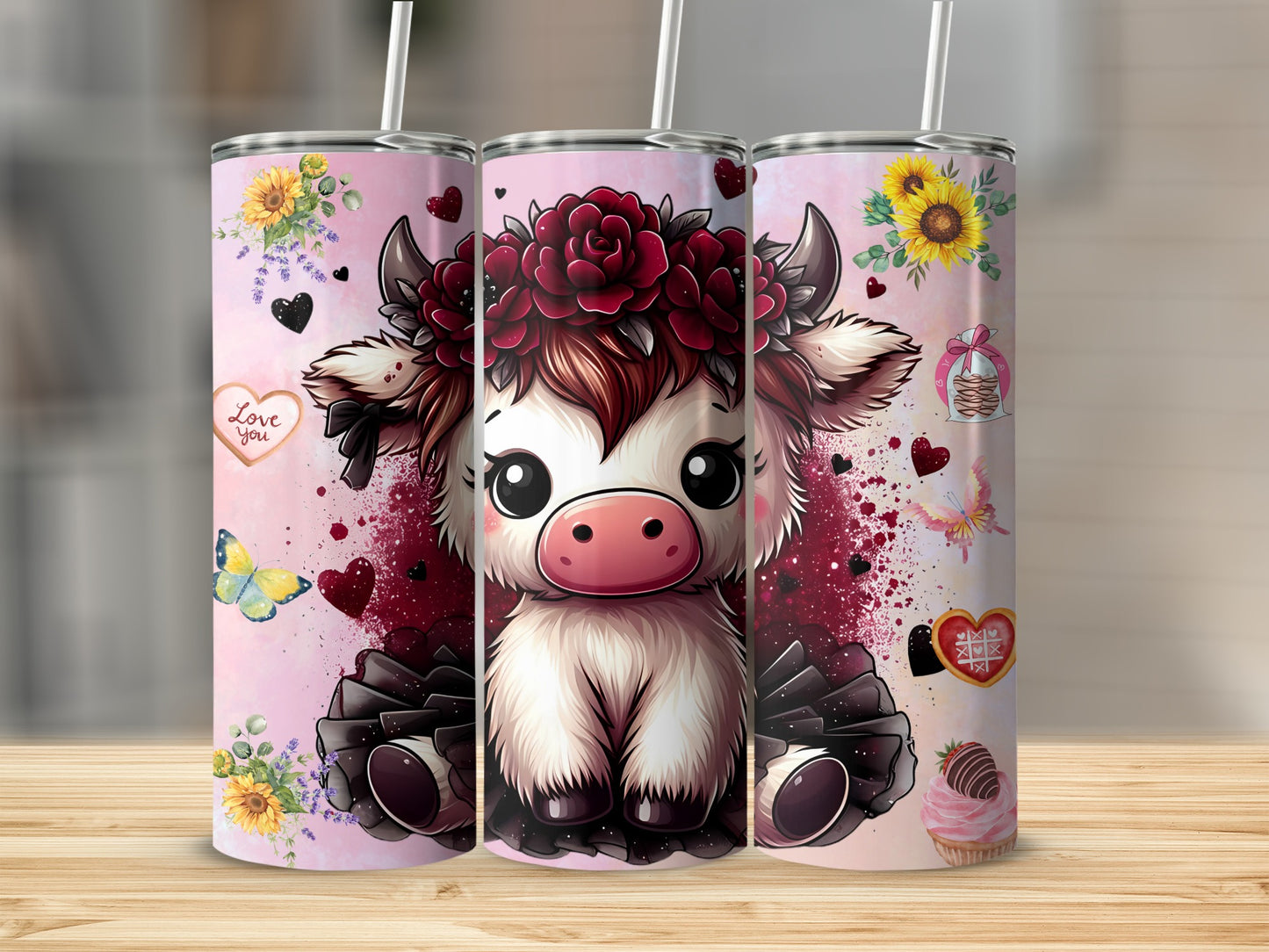 Adorable Cow with Flowers and Hearts Tumbler Cup