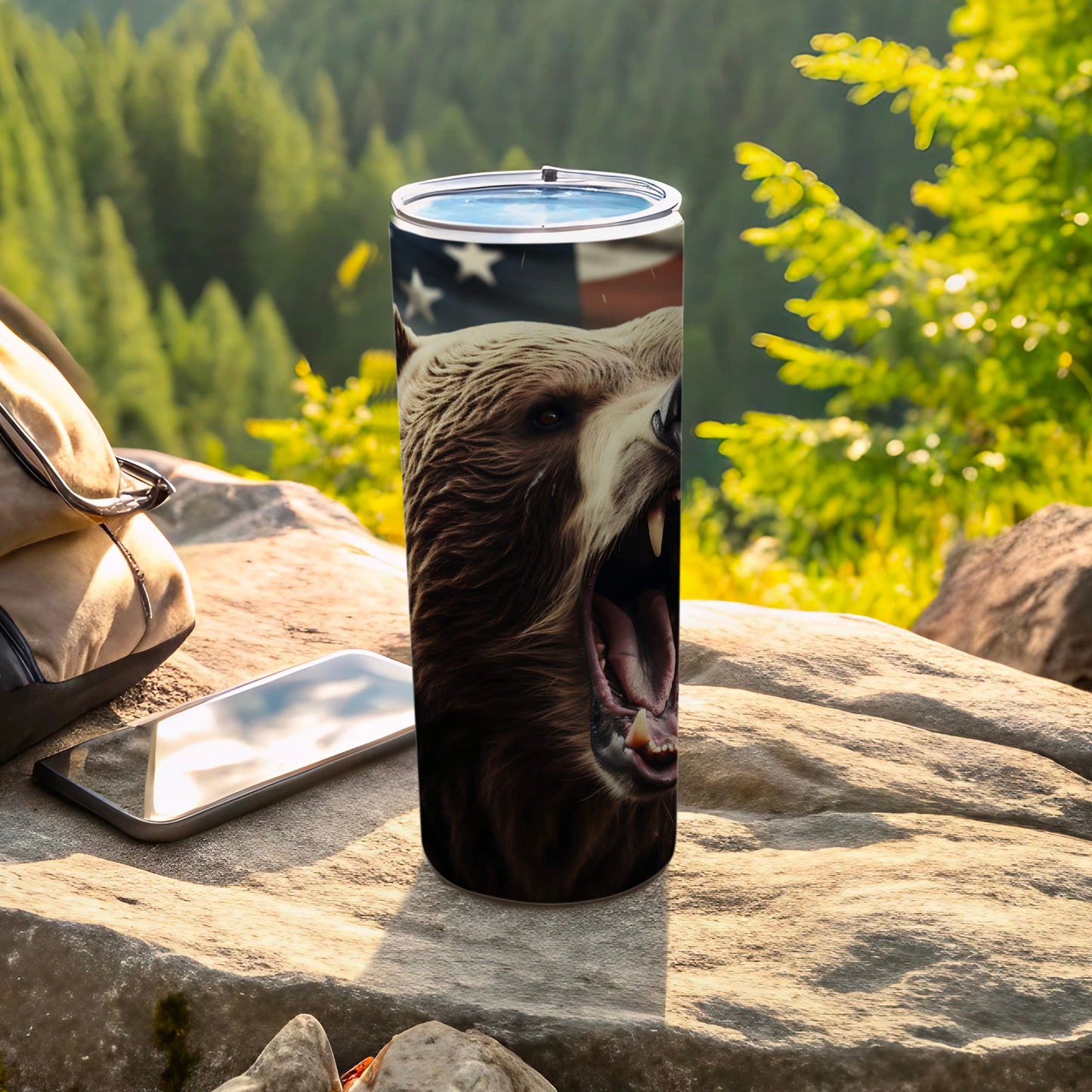 Brown bear roaring with American flag background on a tumbler.
