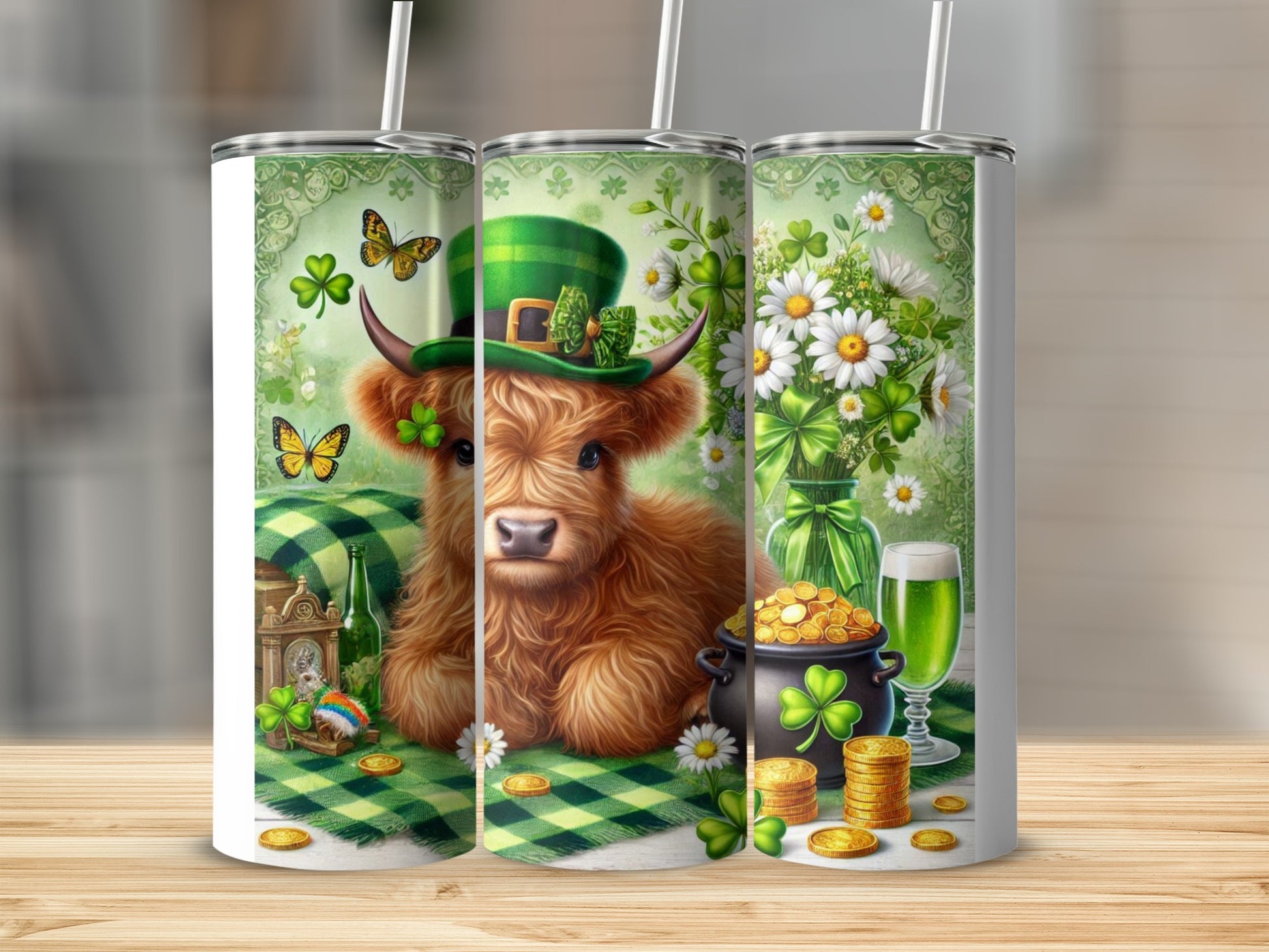 Highland cow in a St. Patrick's Day hat with shamrocks and gold coins.