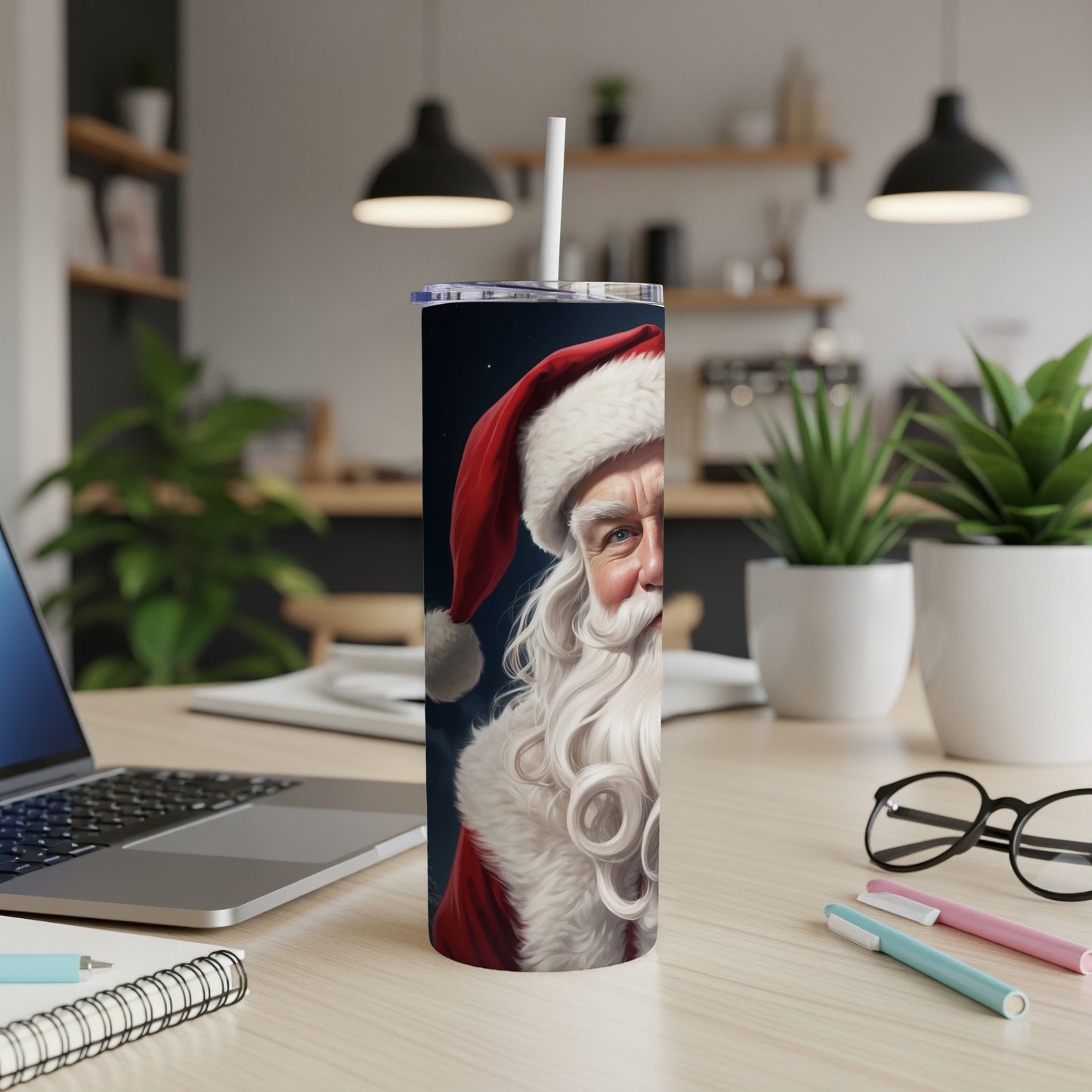 Close-up of Santa Claus's face on a Christmas-themed tumbler.