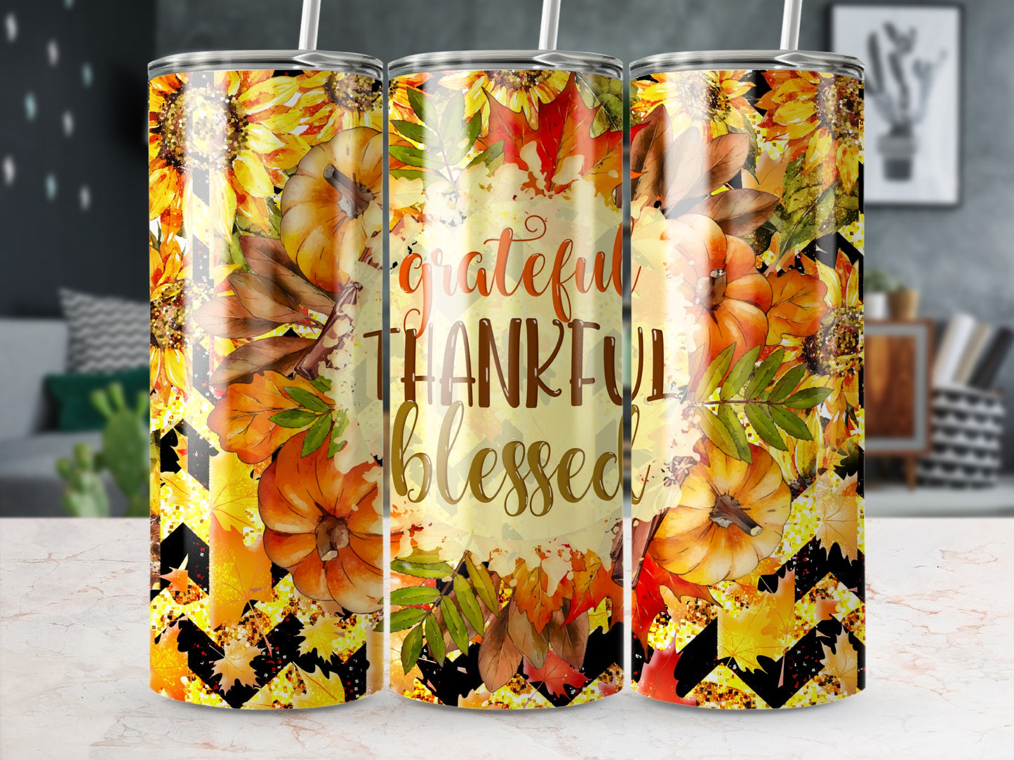 Fall tumbler with pumpkins, leaves, and "Grateful Thankful Blessed" text.