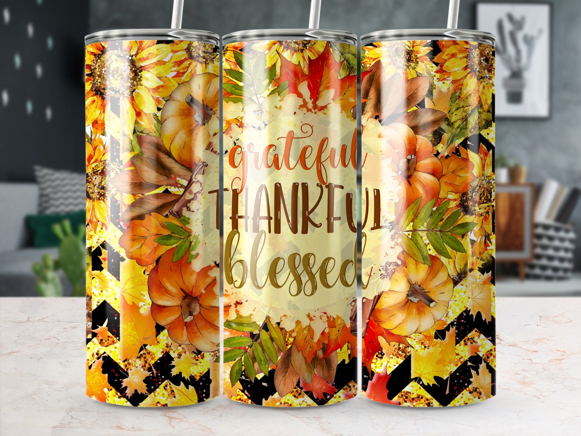 Fall tumbler with pumpkins, leaves, and "Grateful Thankful Blessed" text.