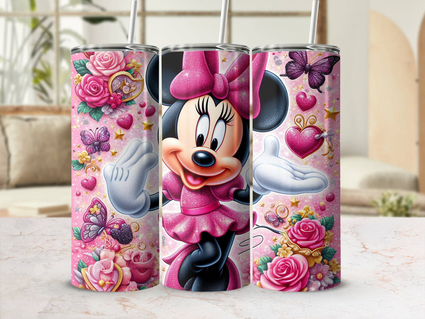 Cute Minnie Mouse Floral and Hearts Tumbler