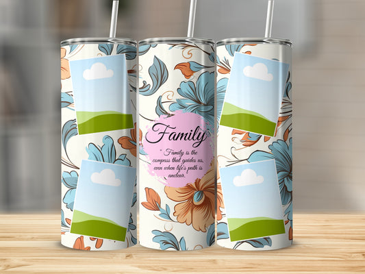 Tumblers with floral pattern and "Family" quote with photo frames.