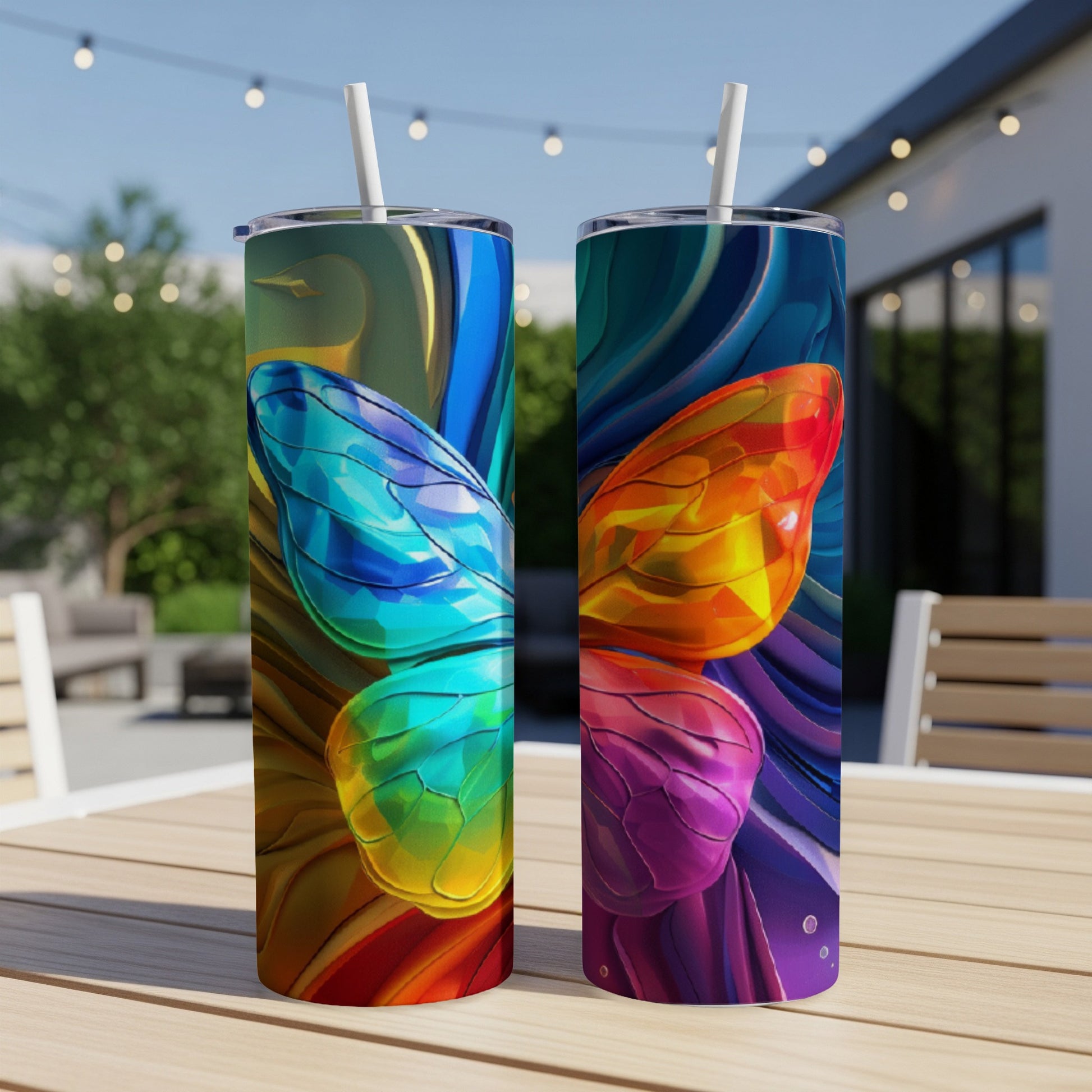 Two tumblers featuring colorful, abstract butterfly wing designs, outdoors.