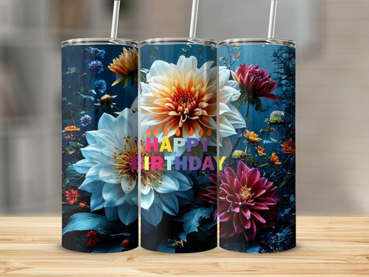 Three tumblers featuring vibrant dahlias and "HAPPY BIRTHDAY" text.