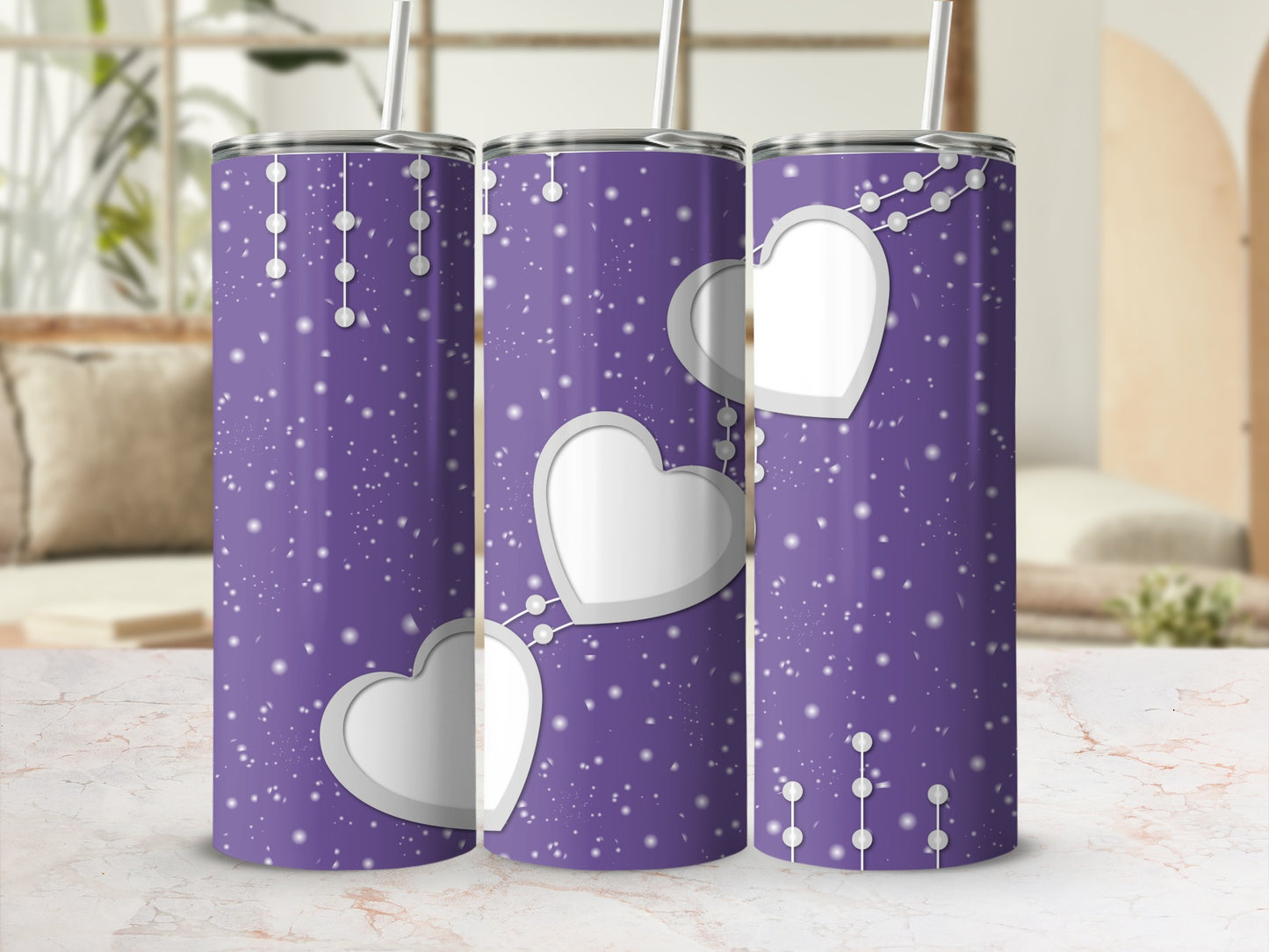 Purple Tumbler with White Hearts and Dot Patterns