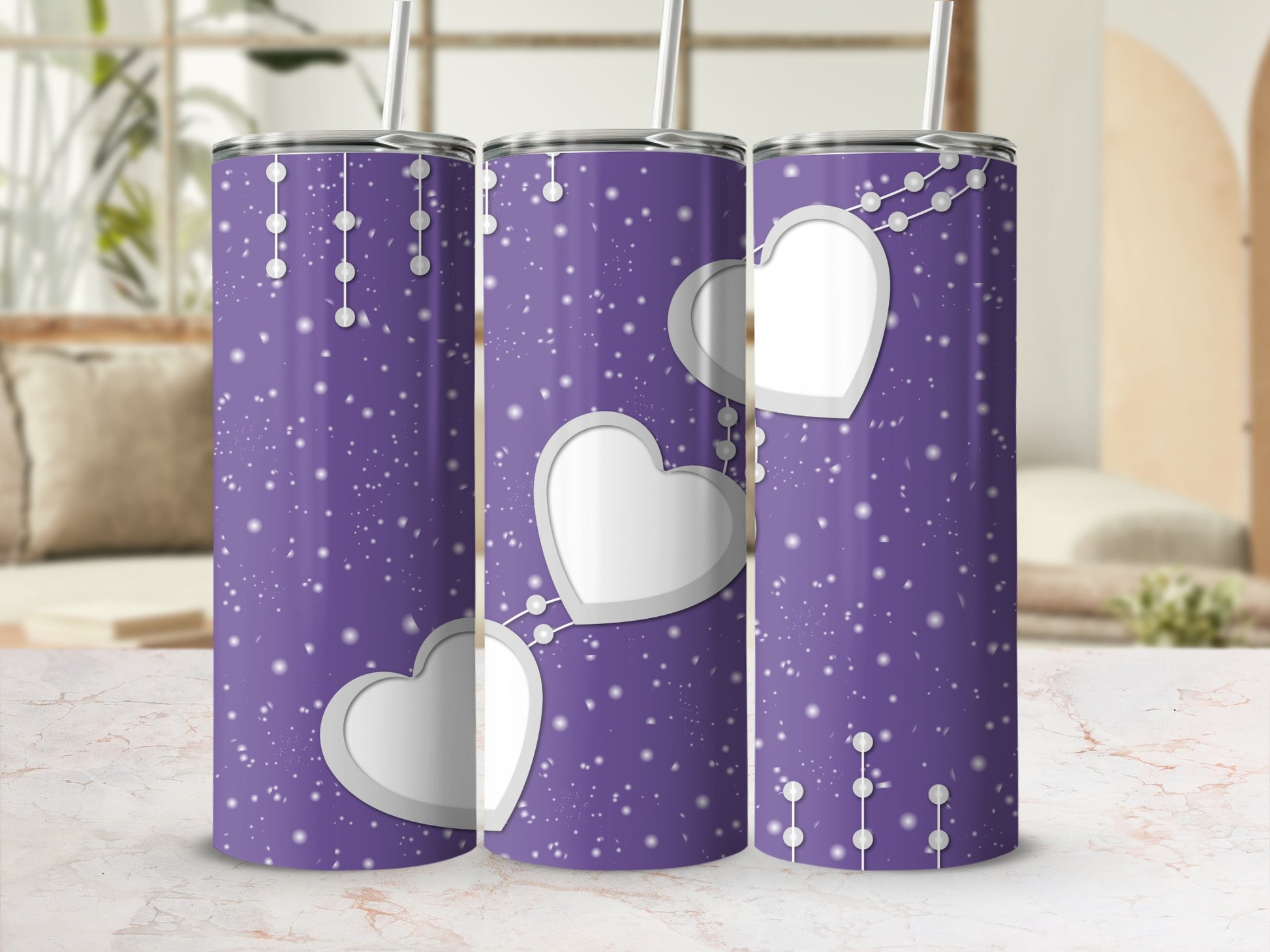 Purple Tumbler with White Hearts and Dot Patterns