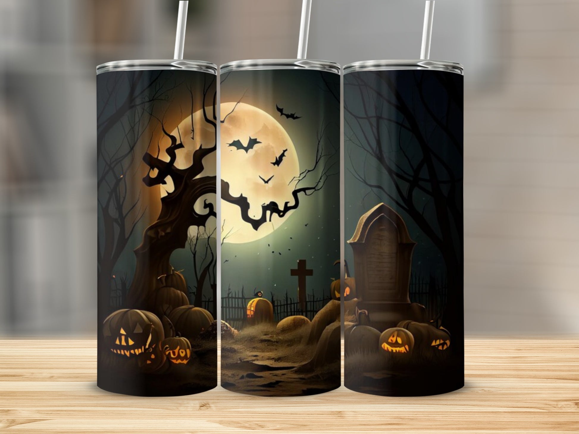 Spooky Halloween Scene with Pumpkins Tumbler Product