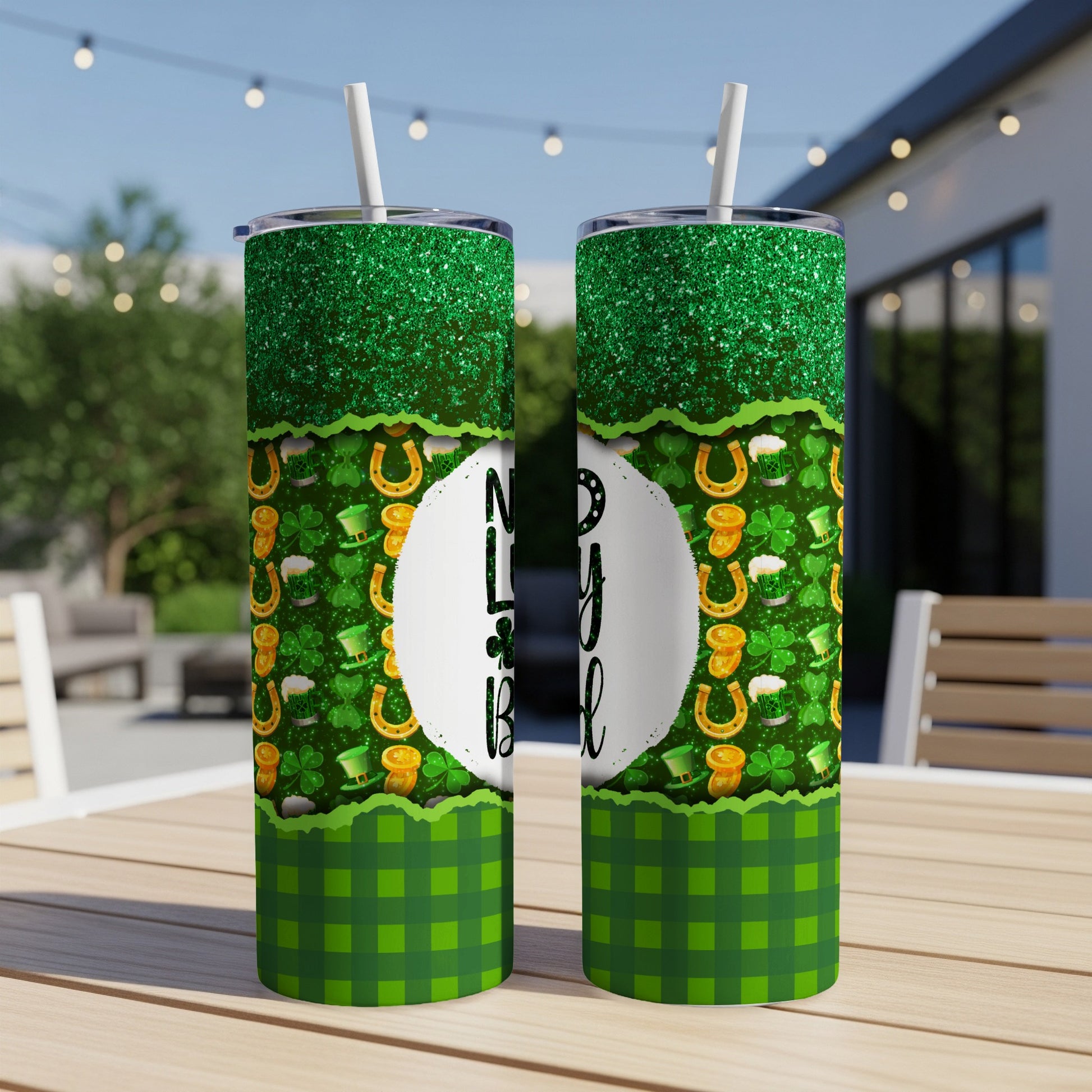 Green St. Patrick's Day tumbler with shamrocks, horseshoes, and "No Luck Needed" text.