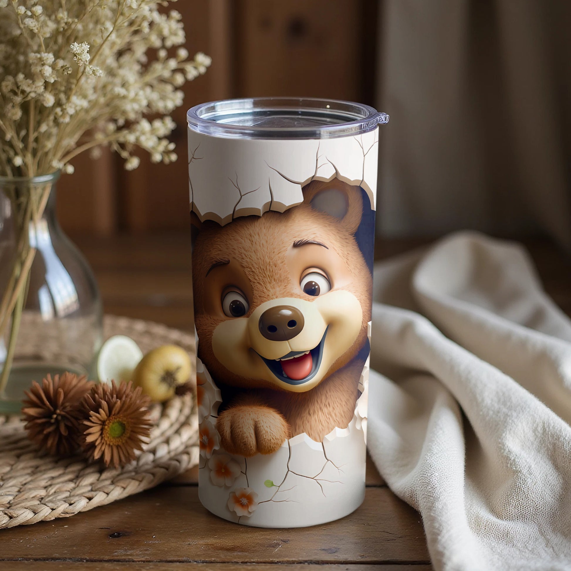 Happy Bear Cracked Surface Appearance Tumbler product type
bear tumbler, cartoon bear, happy animal, cute design, cracked image, novelty drinkware, unique gift, kids cup, smiling character, beverage holder, animal graphic, fun tumbler, whimsical bear, drink accessory, brown bear, daily use cup, desk tumbler, travel mug, personalized gift, coffee cup