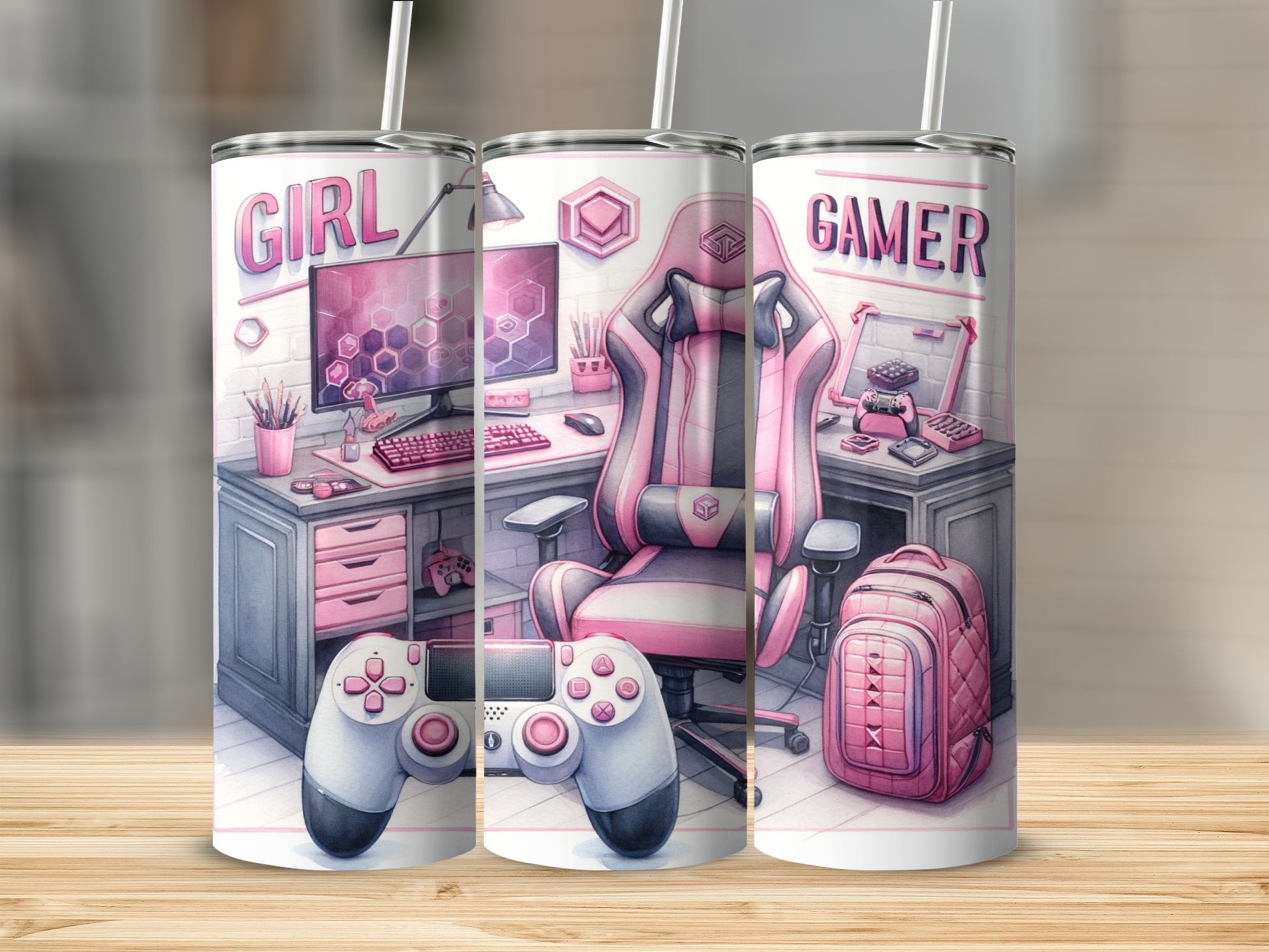 Three tumblers with "Girl Gamer" text, showing pink gaming setup.