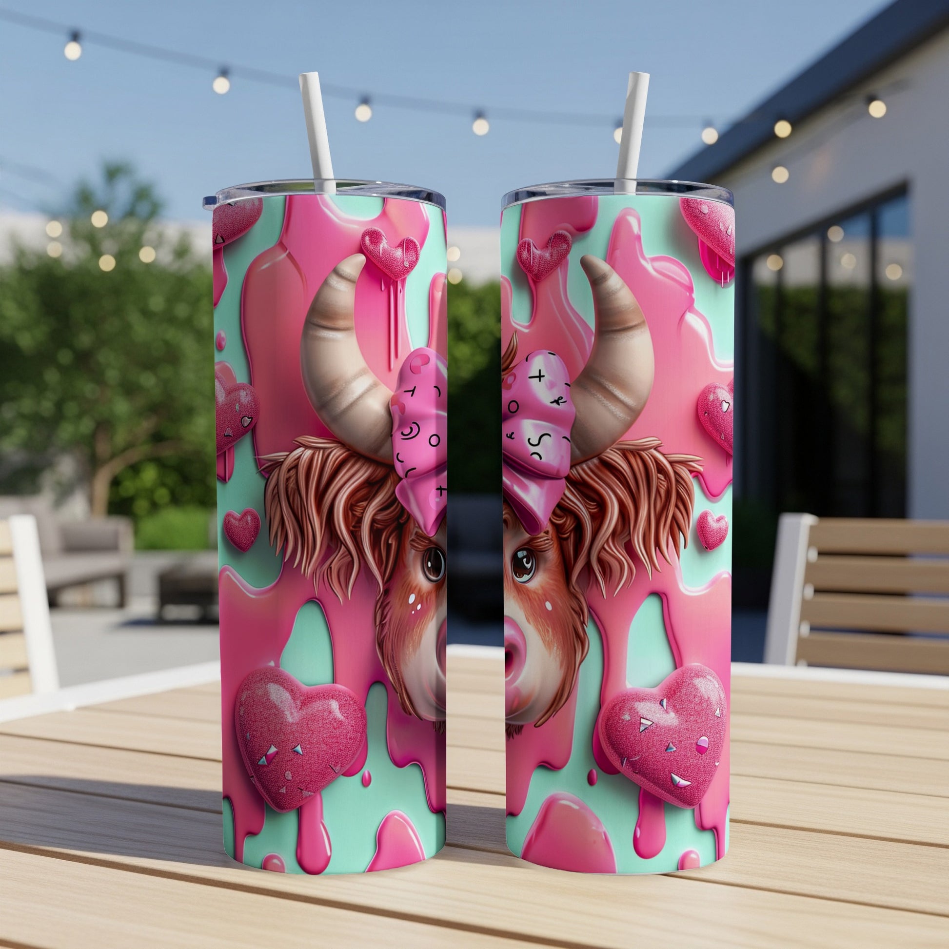 Two skinny tumblers featuring a cute cow with pink bow and dripping hearts.