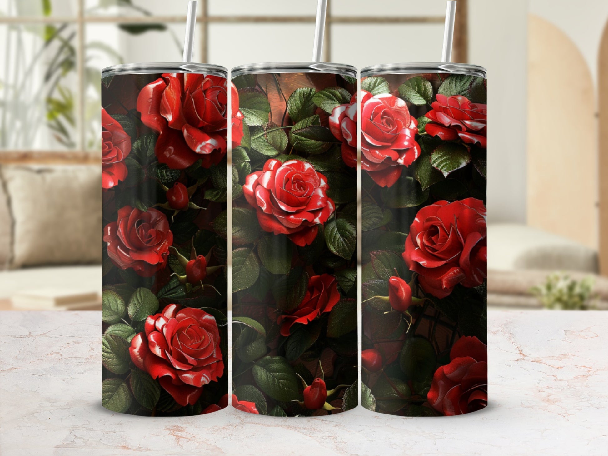 Three tumblers with realistic red roses and green leaves pattern.