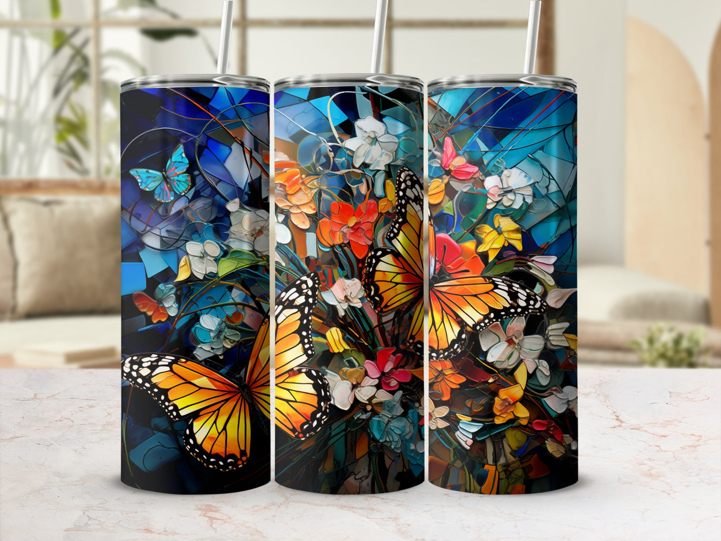 Vibrant Glass Butterfly Flower Mosaic Tumbler product type