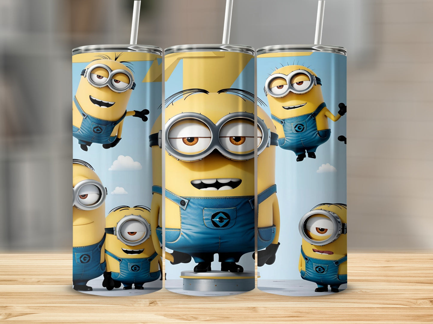 Minions Stuart, Dave, and Bob on a blue tumbler with straws.