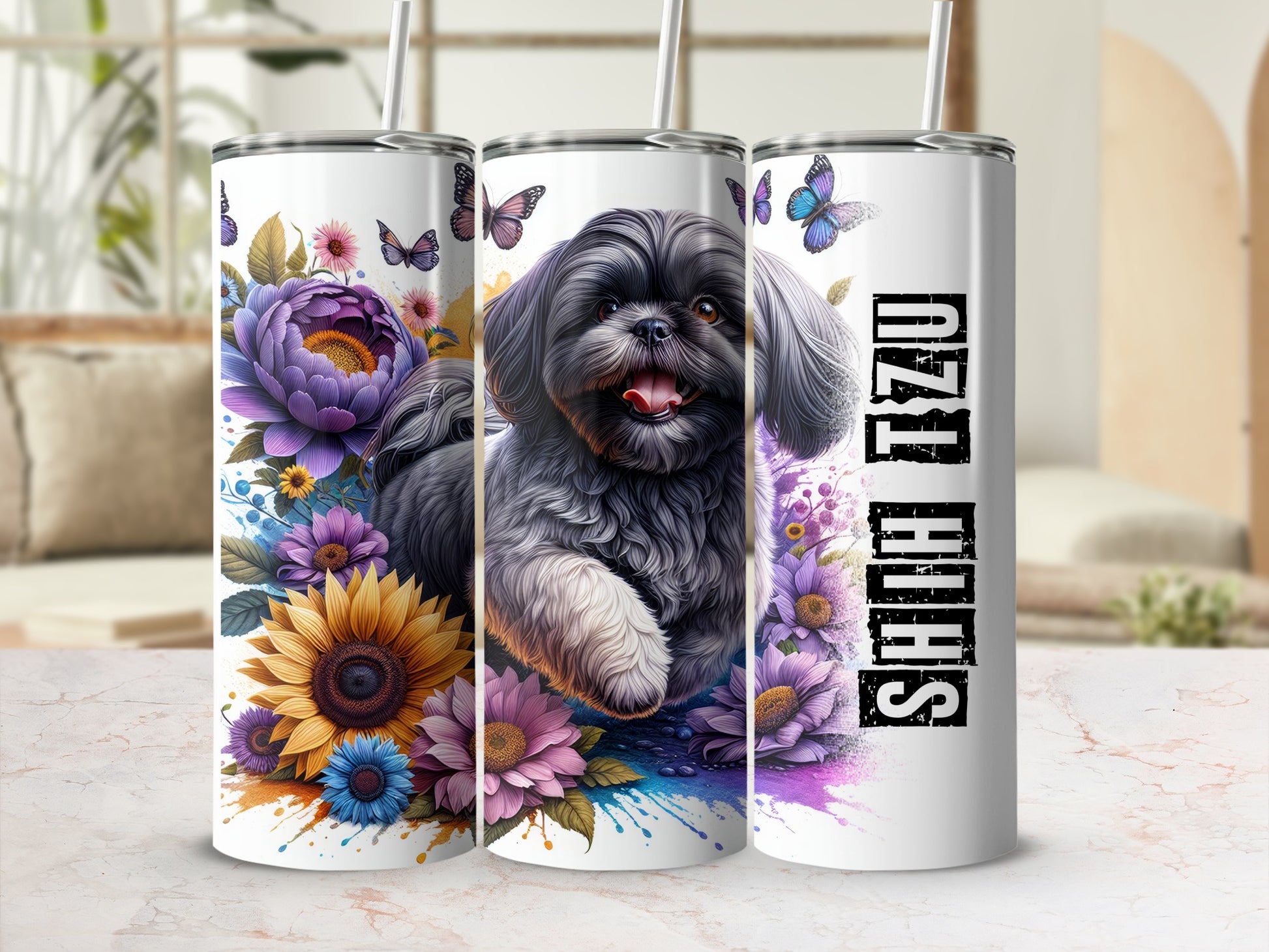 Shih Tzu dog and flowers on a white tumbler with a blurred background.