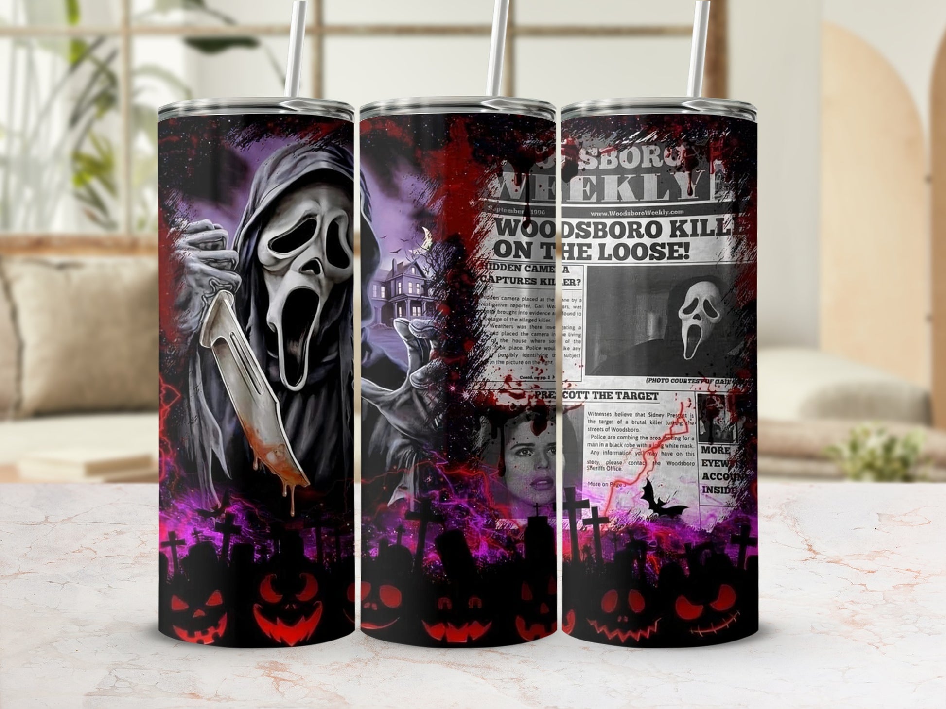 Tumbler with ghost mask, newspaper headline, and pumpkins.