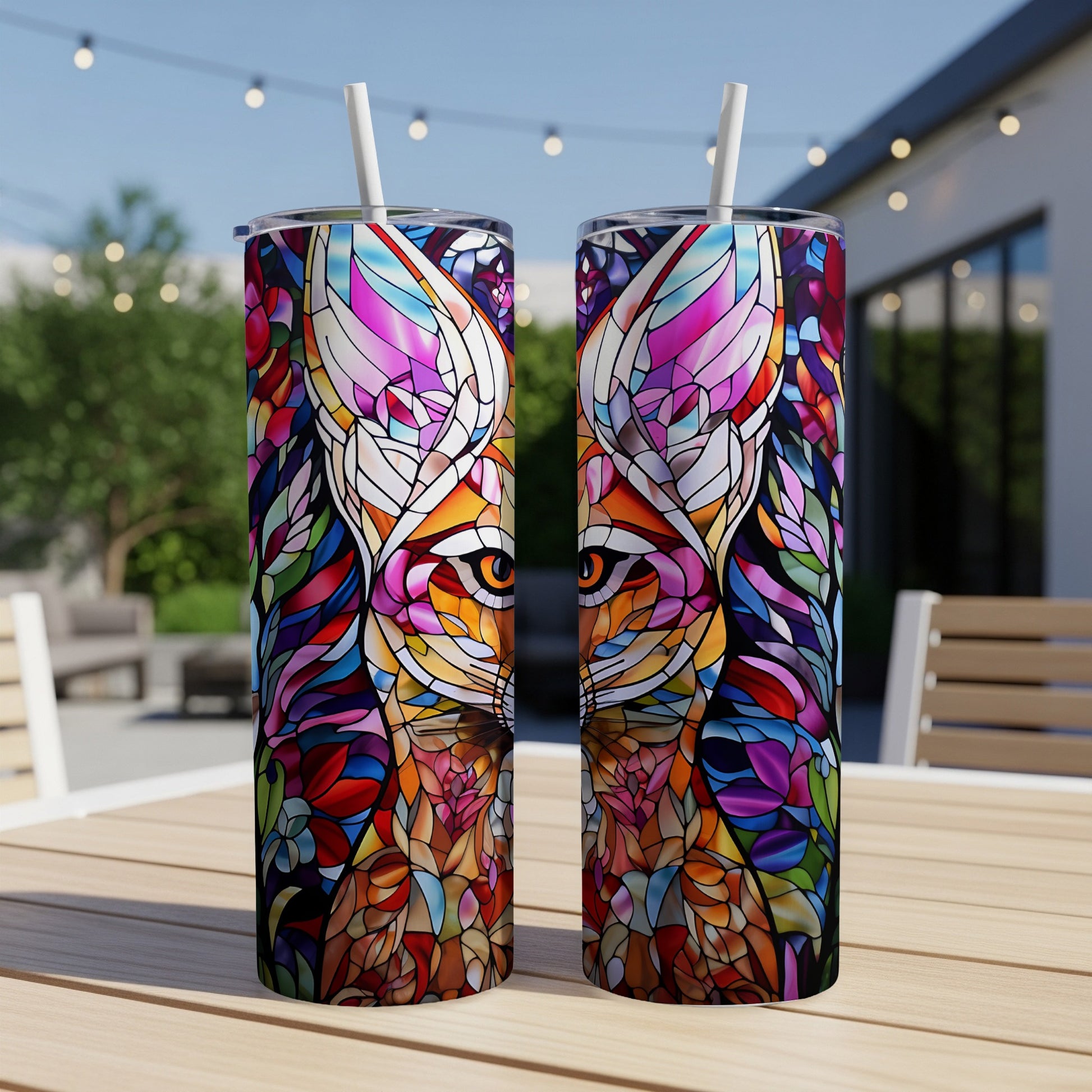 Two tumblers with a colorful stained glass fox design sit on a table.