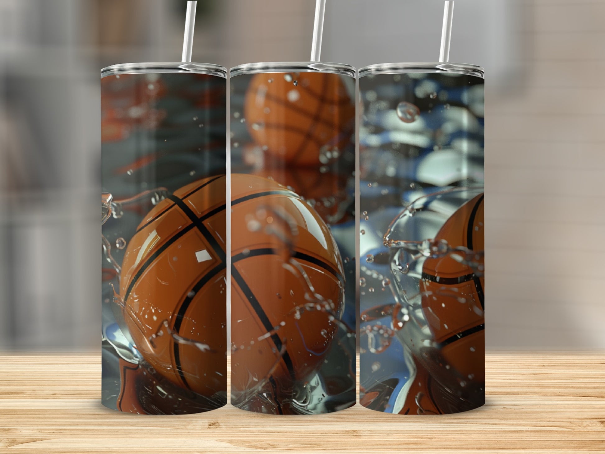 Three basketballs splash into water, with one in foreground.