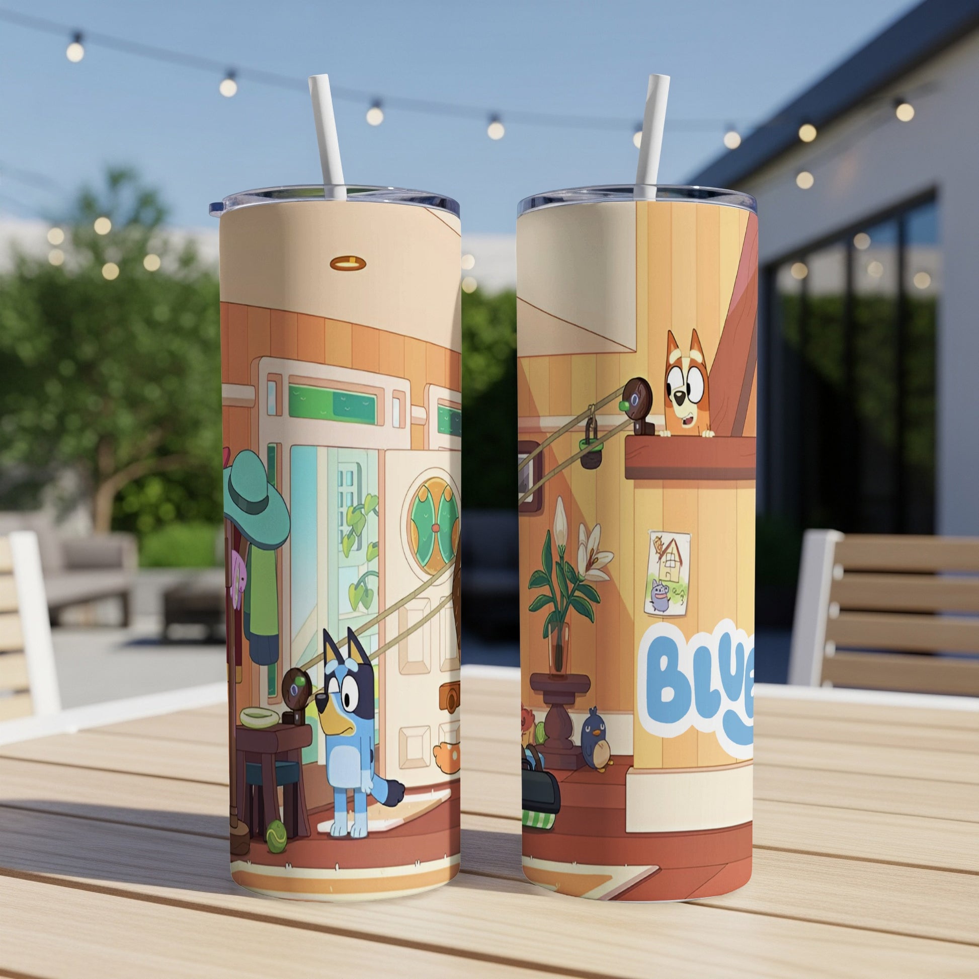 Bluey characters on two tall, insulated tumblers with lids and straws.