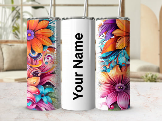 Personalized Colorful Floral Design Tumbler with Straw