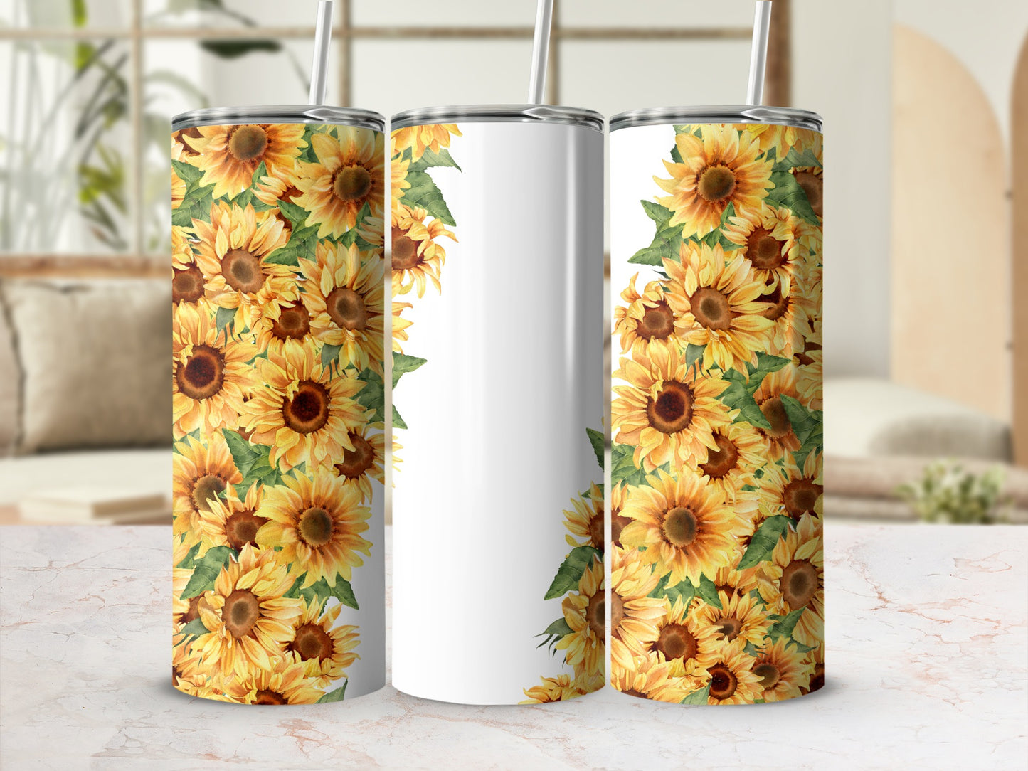 White tumbler with sunflowers wrapping around it.