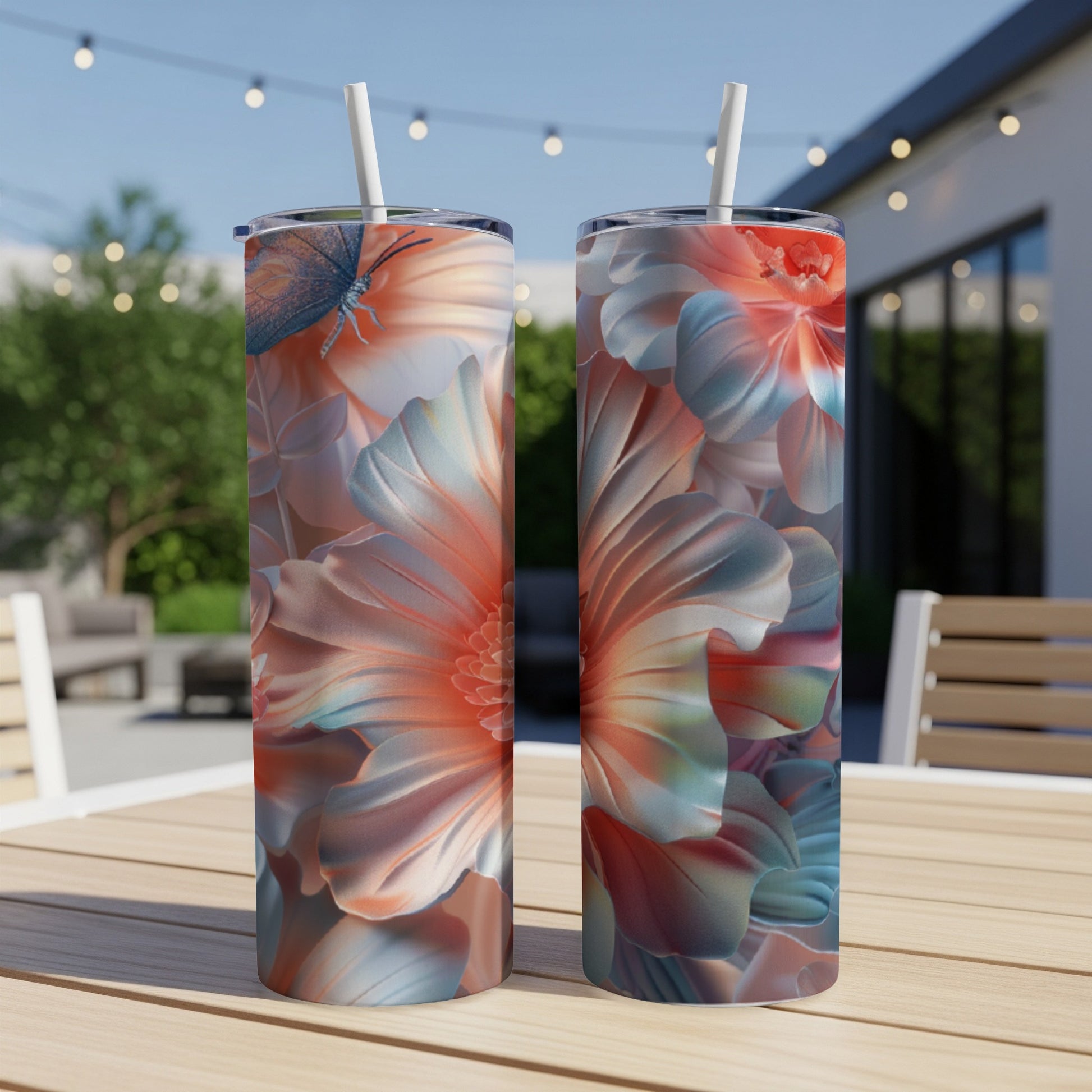 Two tumblers with coral and blue floral design, featuring a butterfly.