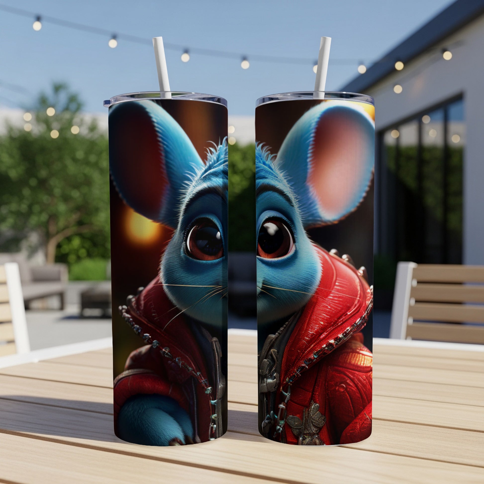 Blue cartoon mouse in red jacket on a tumbler.