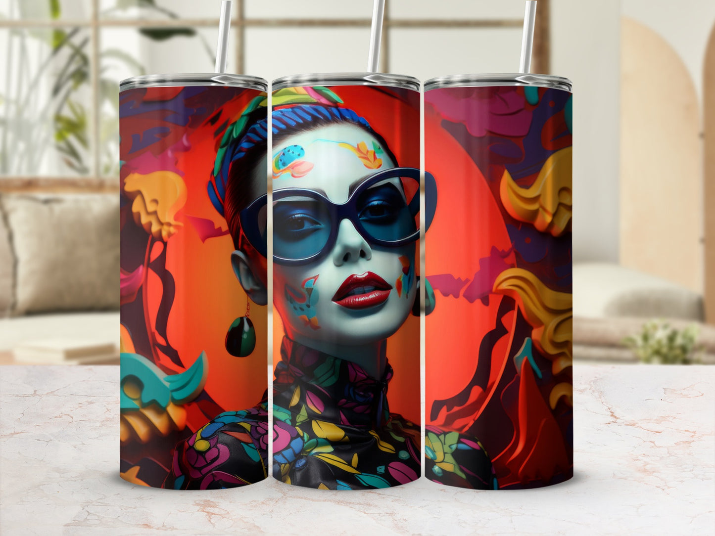 Three tumblers feature abstract art of a woman with bold sunglasses and colorful face paint.