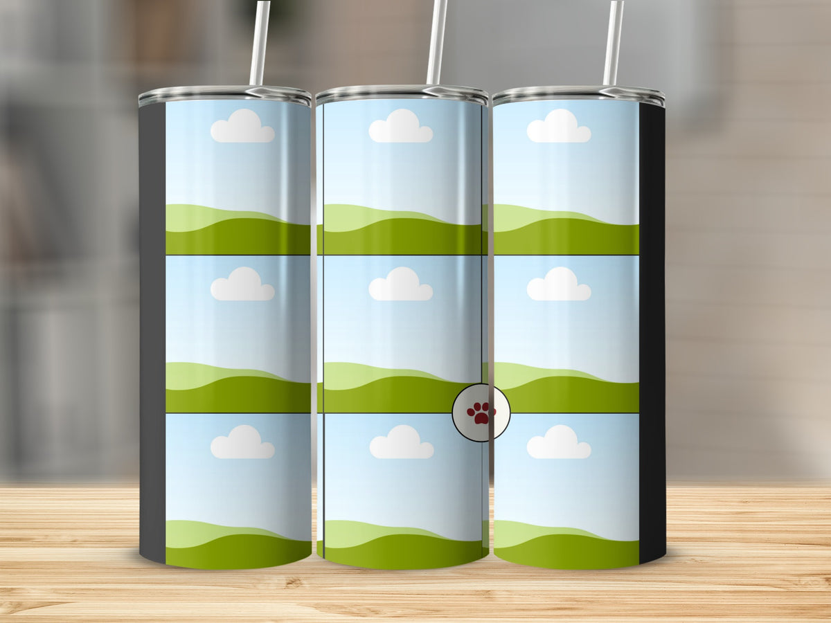 Three tumblers displayed with a repeating landscape and cloud design, featuring a paw print watermark.