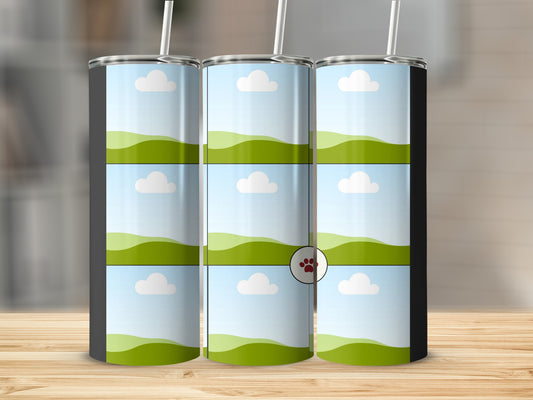 Three tumblers displayed with a repeating landscape and cloud design, featuring a paw print watermark.