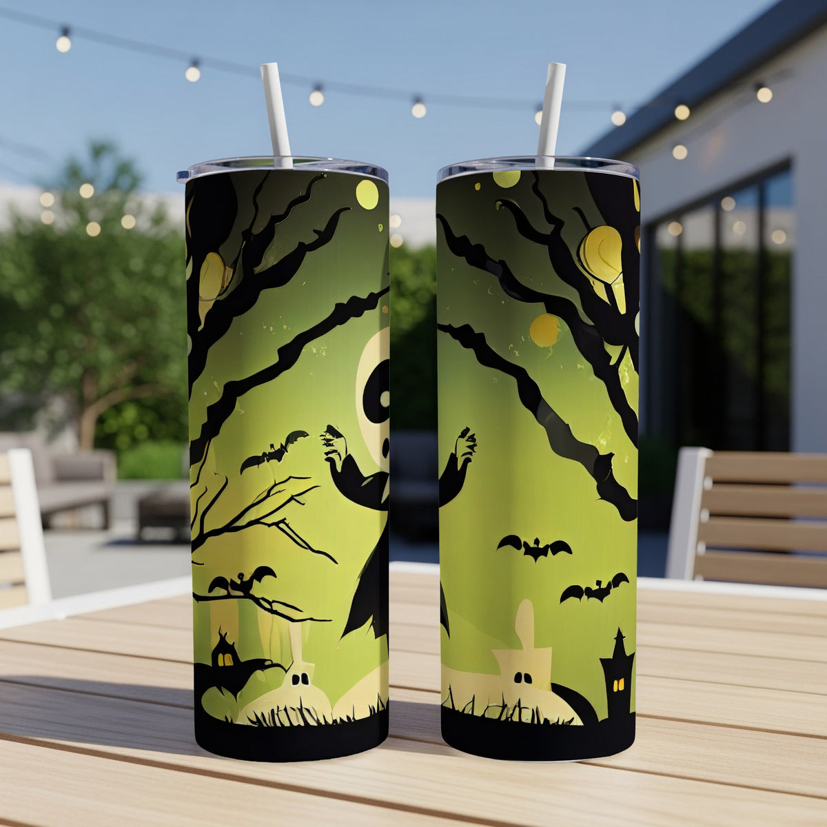 Two tumblers with a Halloween ghost, bat, and haunted house design.