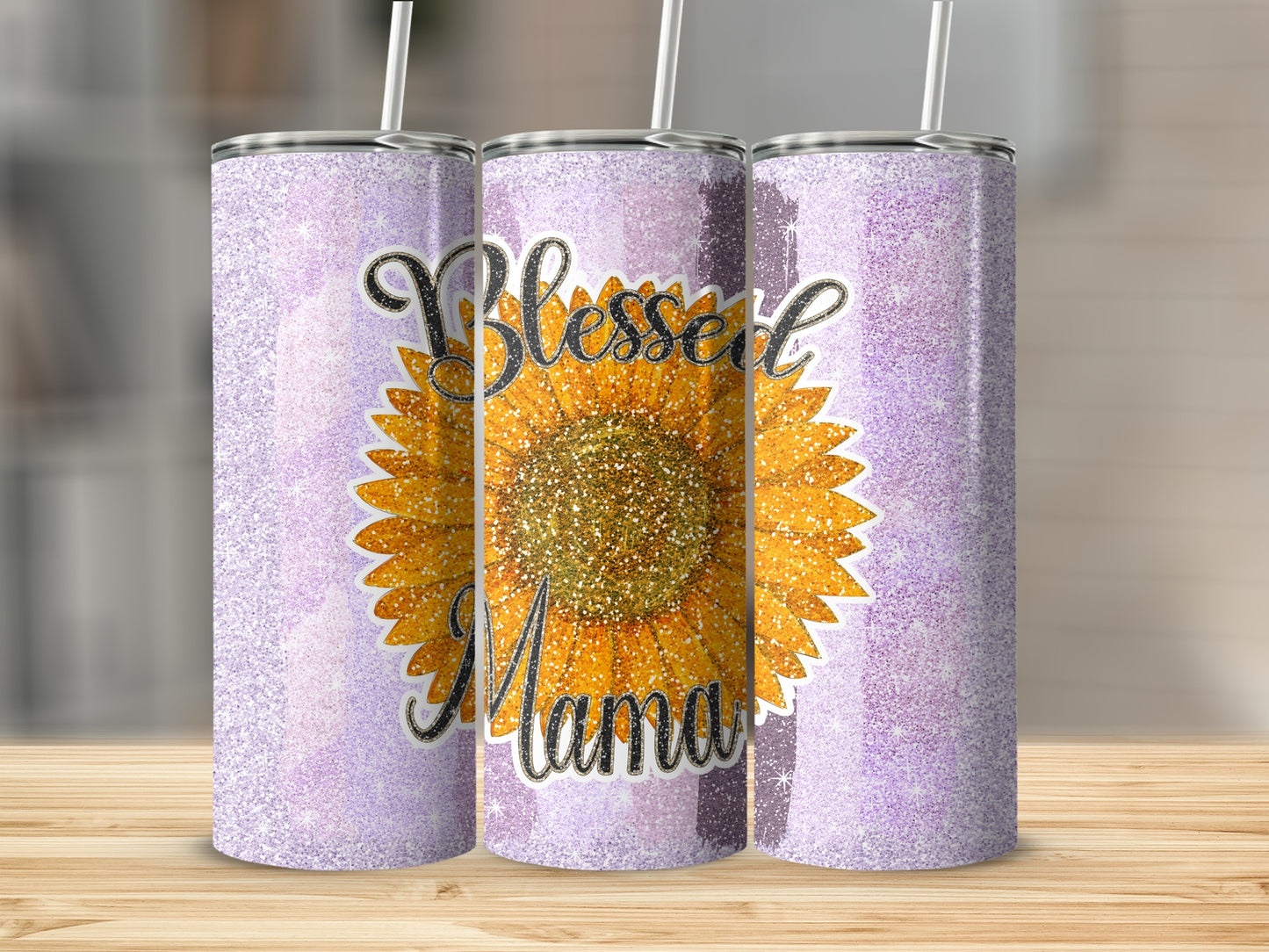 Blessed Mama Sunflower Glitter Tumbler