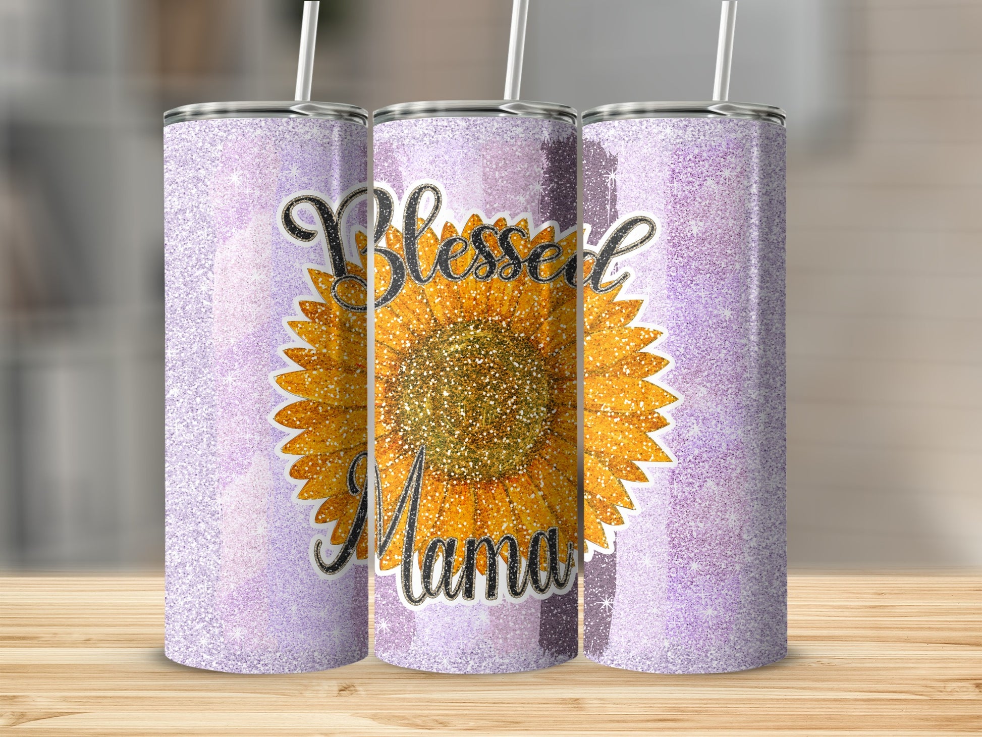 Blessed Mama Sunflower Glitter Tumbler